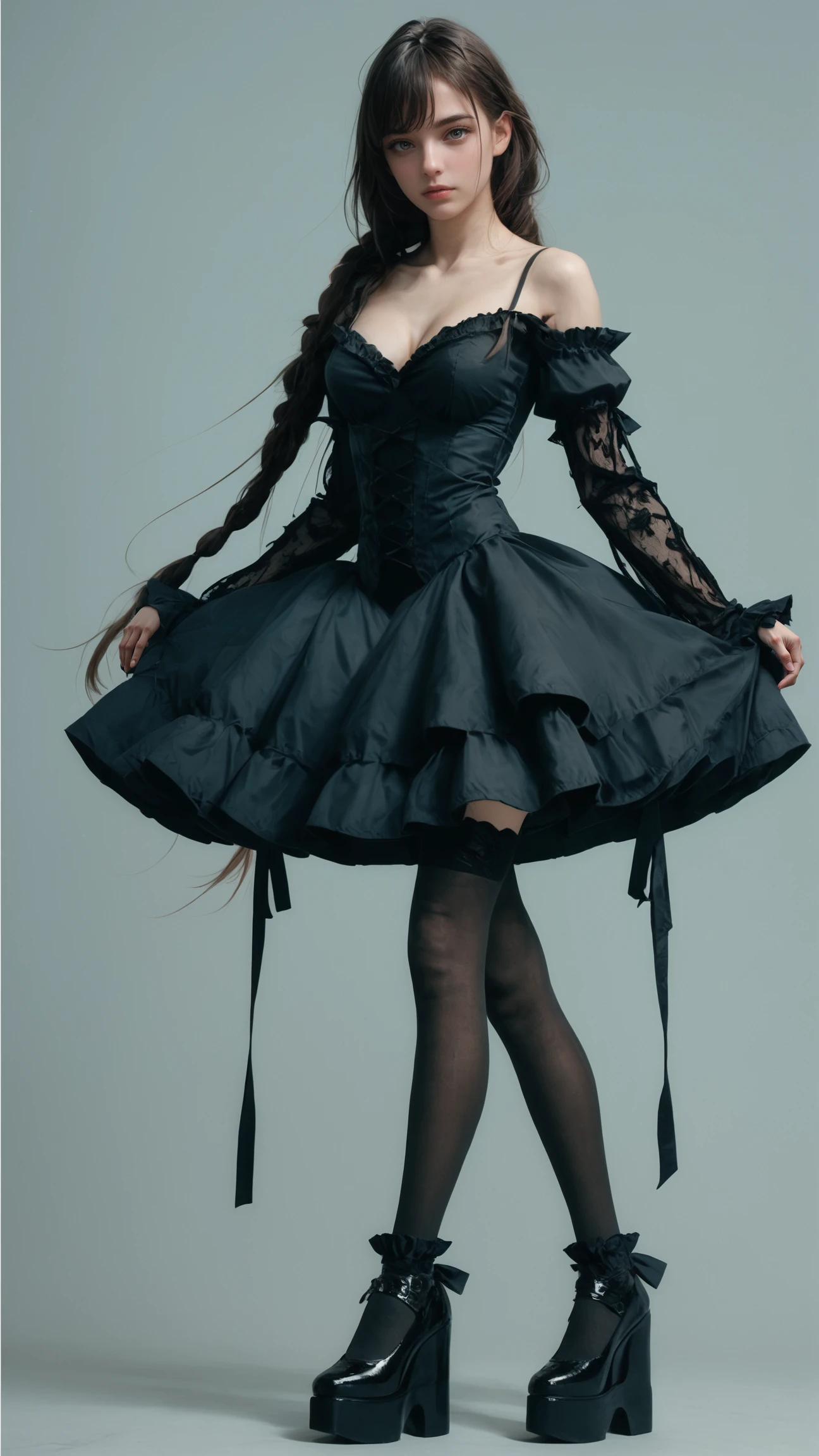 score_9, score_8_up, score_7_up, BREAK, 1 woman, grey background, simple background, wearing reij-lady, black dress, lsvr sleeves, stockings, black platform shoes,  <lora:reij-dresslady:1>