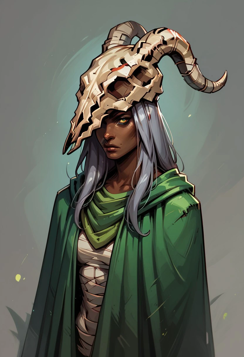 score_9, score_8_up, score_7_up, NHstyle, BREAK, 1girl portrait, thesilent, grey hair, dark skin (skull:1.3), green cloak, bandages, midriff, bandaged legs