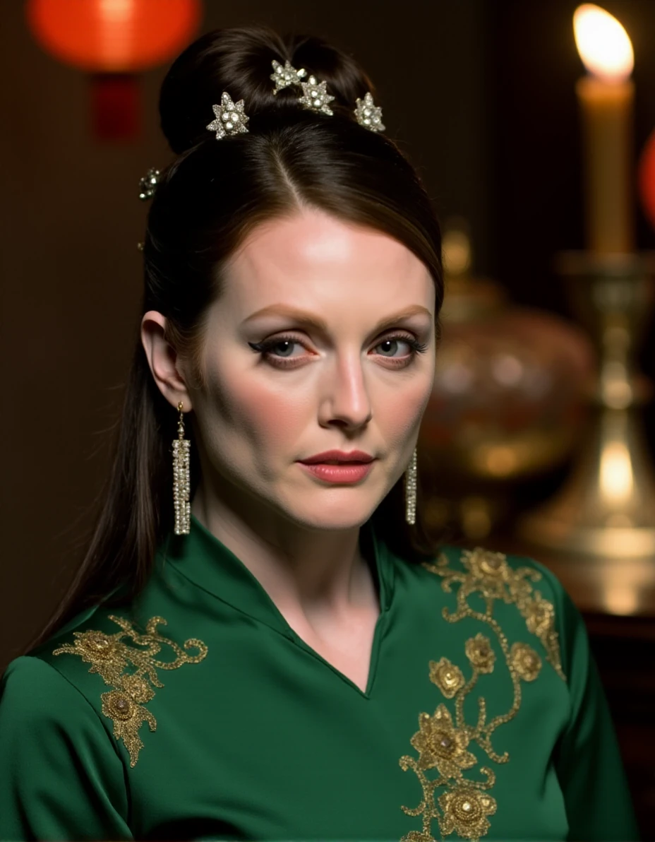 The image is a photograph of a young woman with an elegant and refined appearance. She has a fair complexion and is of Caucasus. Her dark hair is styled in an elaborate updo, adorned with ornate hair accessories featuring intricate designs and possibly gold or silver elements. She is wearing a traditional green dress with intricate embroidery, suggesting a formal or ceremonial occasion. Her makeup is subtle yet sophisticated, with a focus on accentuating her natural features, including well-defined eyebrows, dark eyeliner, and a hint of red lipstick. She is wearing long, dangling earrings that add a touch of elegance to her attire.
The background is slightly blurred, suggesting a depth of field effect, but it appears to be a dimly lit room with warm tones, possibly indicating a traditional or historical setting. The blurred background elements include what might be traditional Chinese lanterns or other decorative items, adding to the cultural ambiance of the scene. The overall atmosphere of the photograph is one of grace and sophistication, emphasizing the woman's cultural heritage and traditional attire,Julianne Moore, <lora:Julianne_Moore_Flux_V1:1>