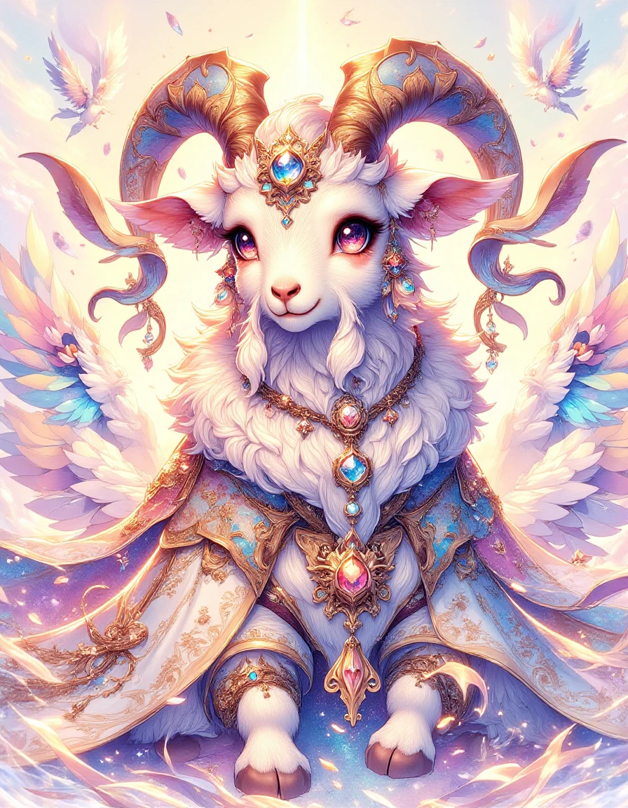 Water color painting, (Goat:1.1) , Striking, wearing ral-dreamguardian, its ral-dreamguardian is made from satin, Simple illustration, soft fill lighting, 800mm lens, Desaturated, drawing, painterly, <lora:ral-dreamguardian-flux:1.2>, rich vivid colors, enhanced quality, detailed, ambient background, great light, fabulous colors, original