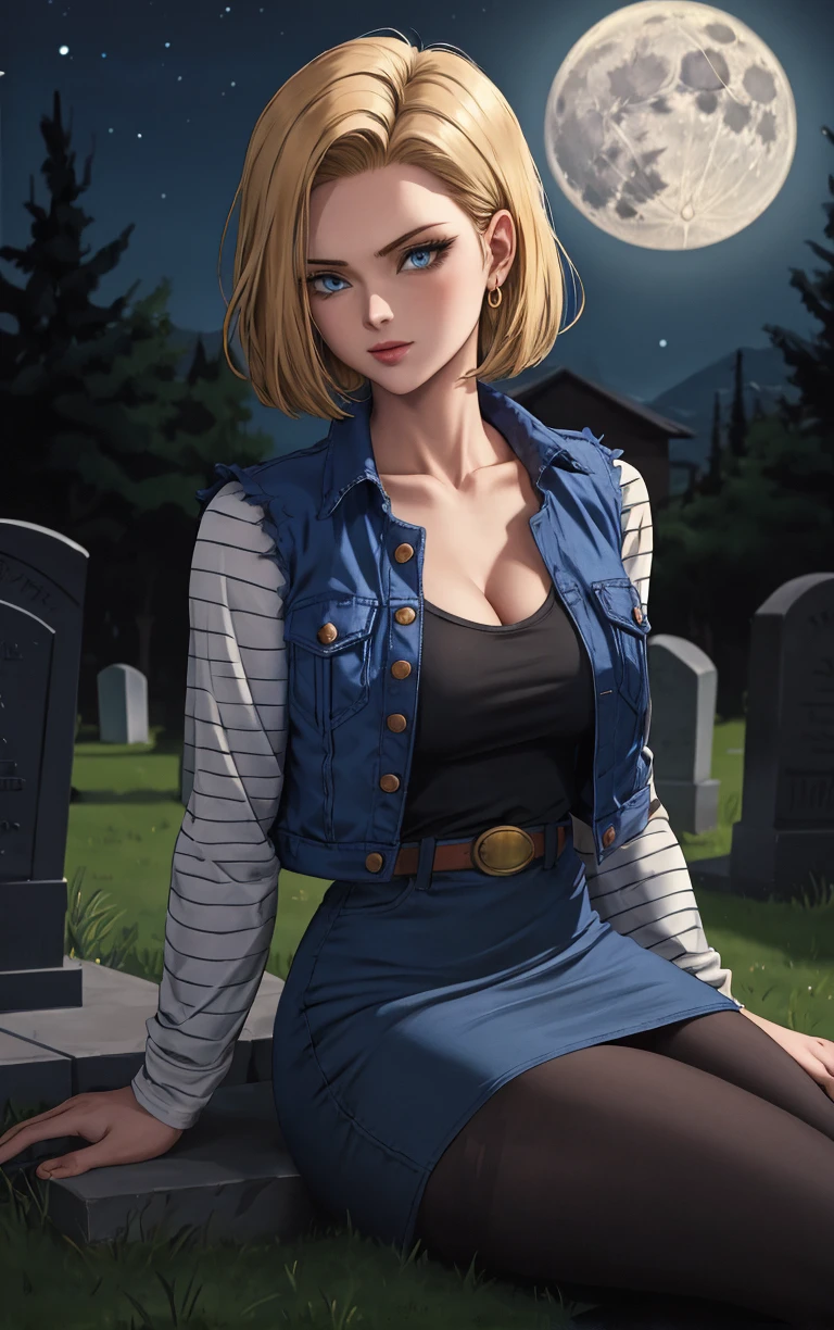 (masterpiece, best quality:1.4), insaneres, absurdres, solo, looking at viewer,BREAK 
MainOutfit_Android18_ownwaifu, android 18, 
1girl, blonde hair, blue eyes, eyelashes, forehead, short hair, earrings, jewelry, collarbone, breasts, medium breasts, straight hair,
denim jacket, long sleeves, blue jacket, vest, striped sleeves, blue skirt, belt, denim skirt, black shirt, black pantyhose, torn sleeves, brown belt, striped, pencil skirt, cleavage, pants, sleeveless jacket,
(sitting, full moon), graveyard, grave, tombstone, moonlight, <lora:ANIME_DragonBall_Android18_ownwaifu:0.8> , depth of field, solo,