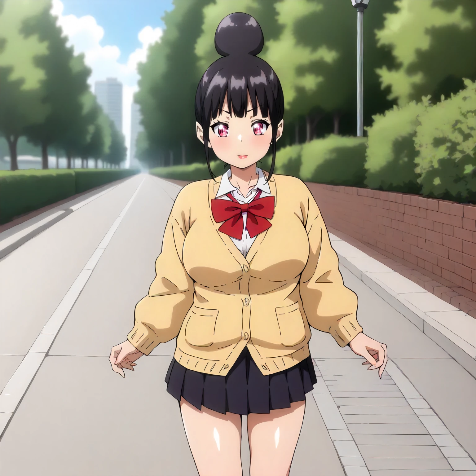 <lora:BnHgDR_MioXLpony001>,
outdoors,
solo,
Mio,1girl,black hair,single hair bun,pink eyes,
large breasts,
yellow cardigan,red bow tie,
pleated_skirt,
standing,