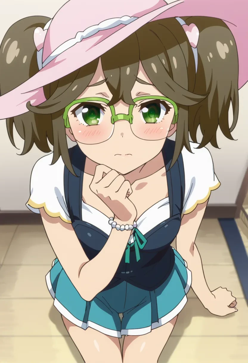 score_9, score_8_up, score_7_up, score_6_up,
source_anime, masterpiece, anime screencap,

1girl, solo,

Sakura Meifon, high twintails, green eyes, brown hair, twintails, green-framed eyewear, glasses,

summer dress, summer hat, shy, blushing, from above, looking at viewer,