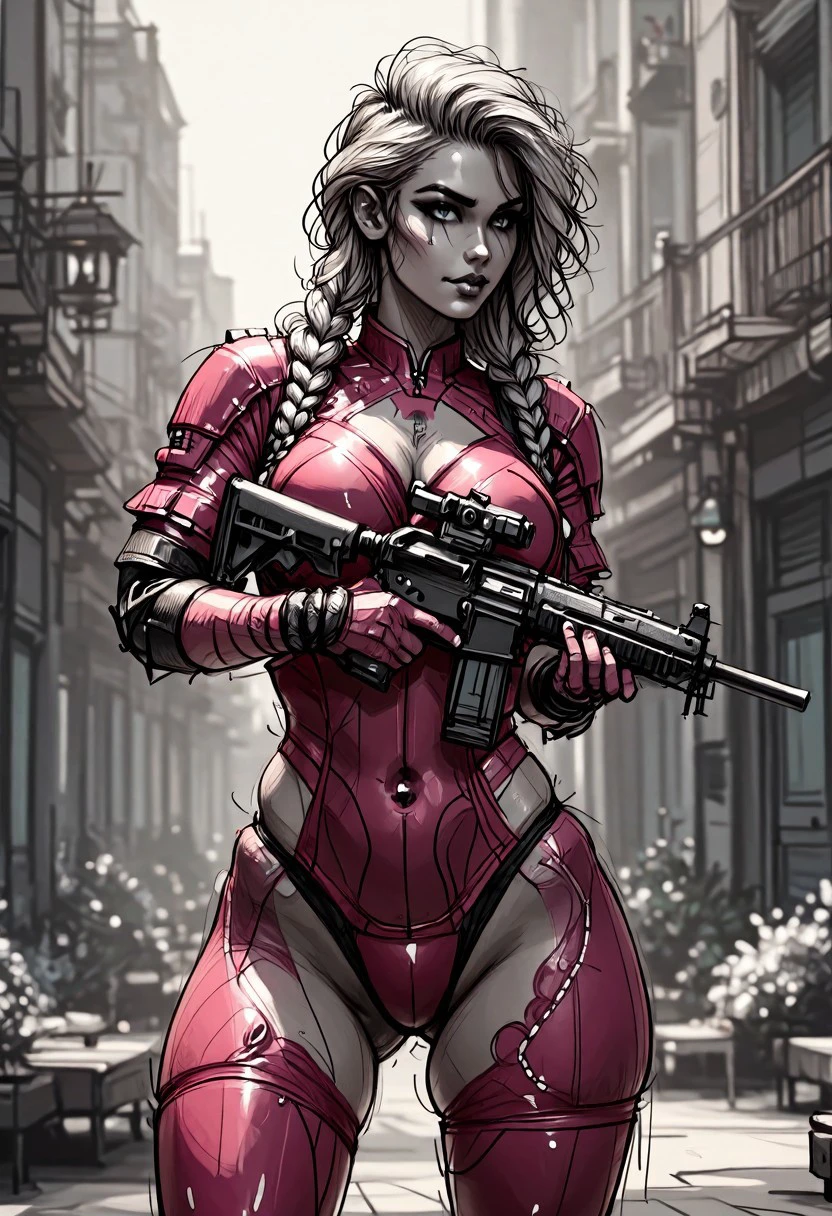 cflxillst, monochrome, greyscale, great lighting, intricate detail, beautiful, stunning Japanese space marine, two-tone hair, braided white hair with indigo streaks, hime cut, skin-tight pink body armor with white accents, holding assault rifle, aiming at viewer, in alien city ruins, High Detail, Perfect Composition, movie scenes, highly detailed. Photorealistic rendering, dramatic lighting, sharp contrast, red color palette.