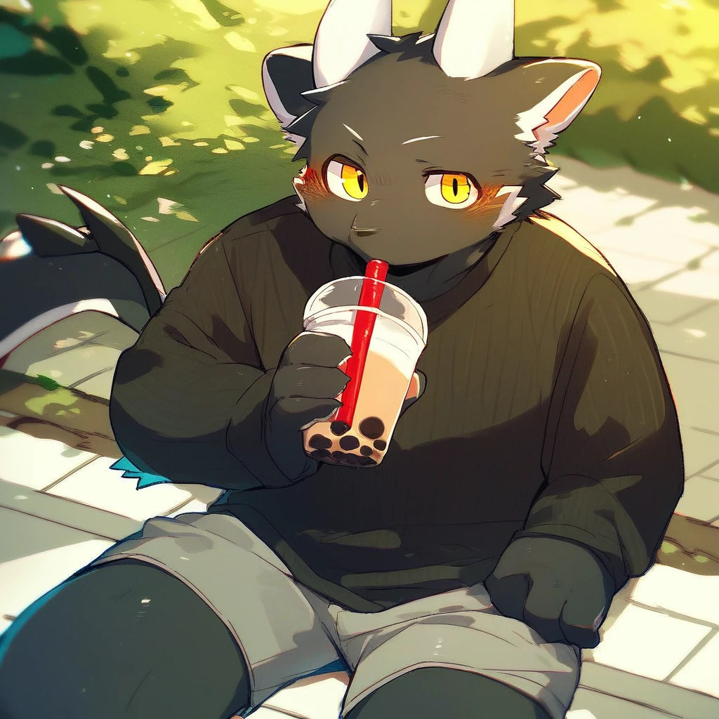 score_9_up, score_8_up, score_7_up, source_furry, mikus-style, black dragon, black body, white horns, yellow eyes, park, holding, bubble tea, black sweater, gray shorts, 1boy, solo