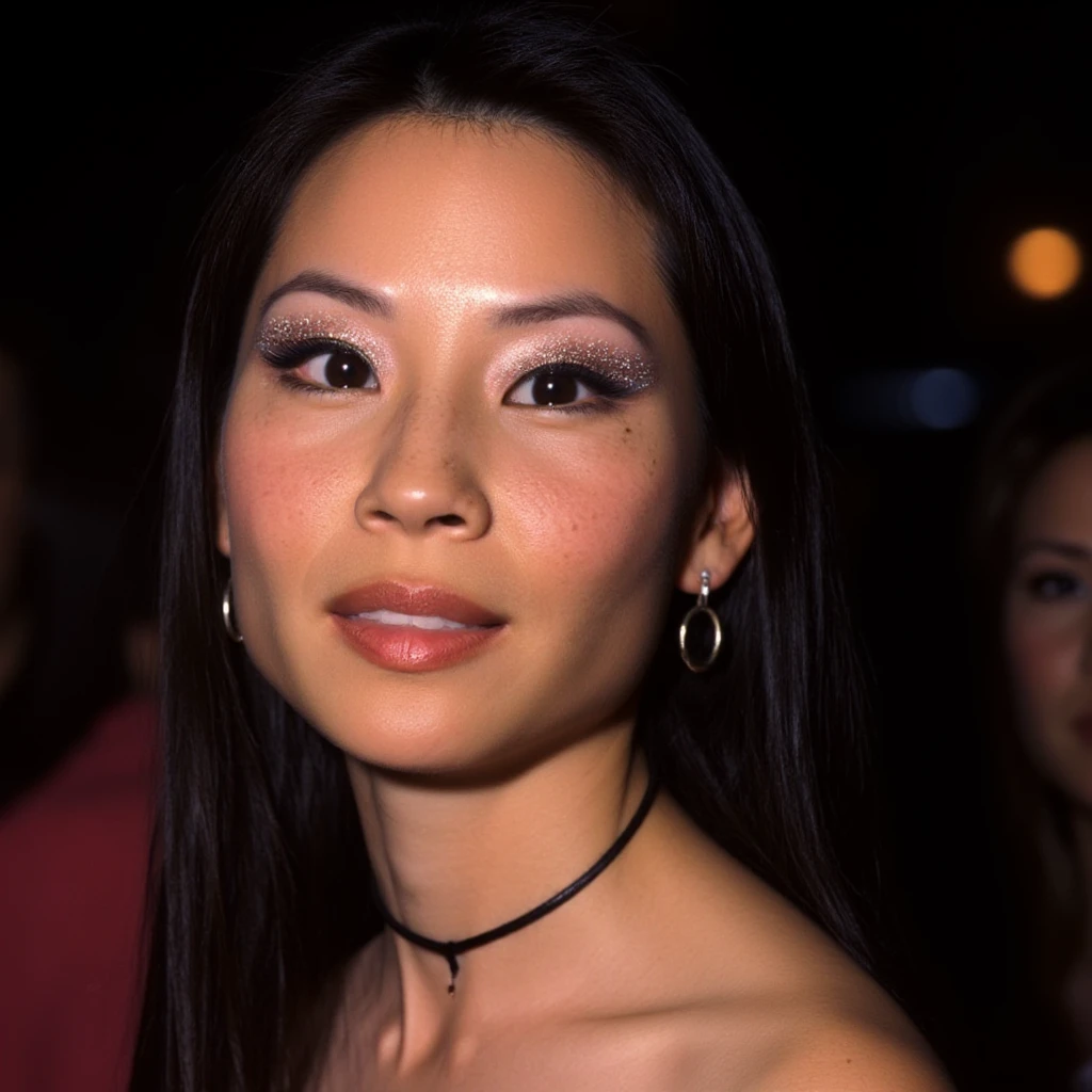 High res waist up portrait photo of a woman with glittery eye-shadow and clear glossy lip-gloss.She is looking at the viewer and her mouth is closed . She is wearing a thin string-like black choker and metal hoop earrings. In the background is a nightclub scene slightly out of focus.,  <lora:lucyliu_1990s_local_flux_1_standard-000039:1>