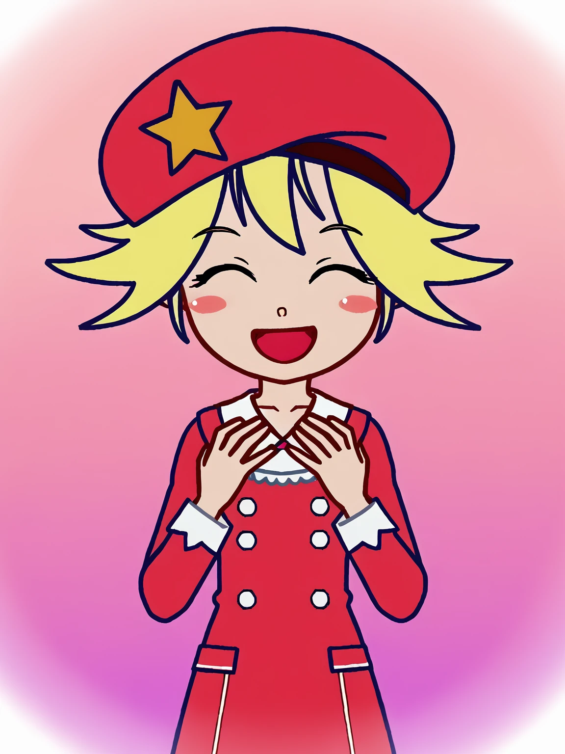 1girl, smile, source_cartoon, piuvictoria, <lora:Victoria (Pump It Up):0.85>, blush, blonde hair, brown eyes, red hat, star ornament, laughing, closed eyes