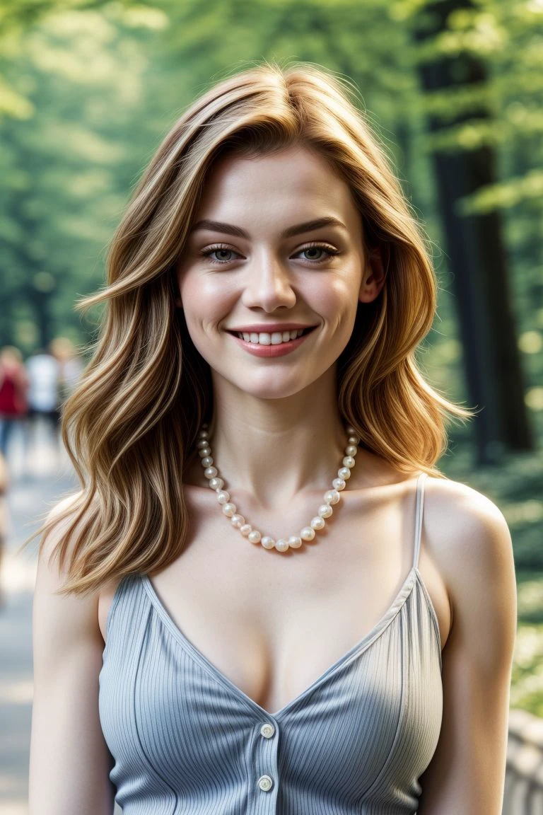 European woman, closeup, (shirt), pants, (New York Central Park), pearl necklace , smiling , ZM_leonor , wide shoulders, perfect face, (contact iris: 1.1), pale skin, skin pores , depth of field