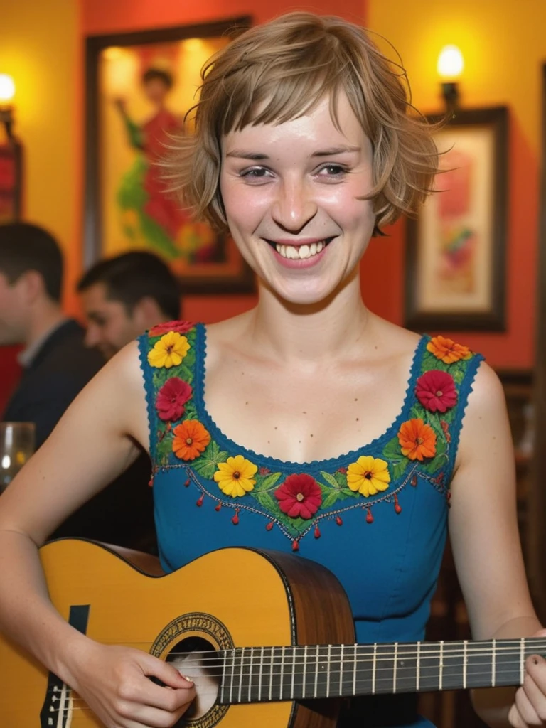 a professional absurdres sharp focus intricately detailed full torso photograph of the beautiful young woman Sonja_Richter, with a snide grin, 
 <lora:Sonja_Richter-SDXLe15:1> ,
with a festive smile and short-bobbed multi-colored haircut, playing a little flamenco guitar at a mexican-irish-yemeni establishment,