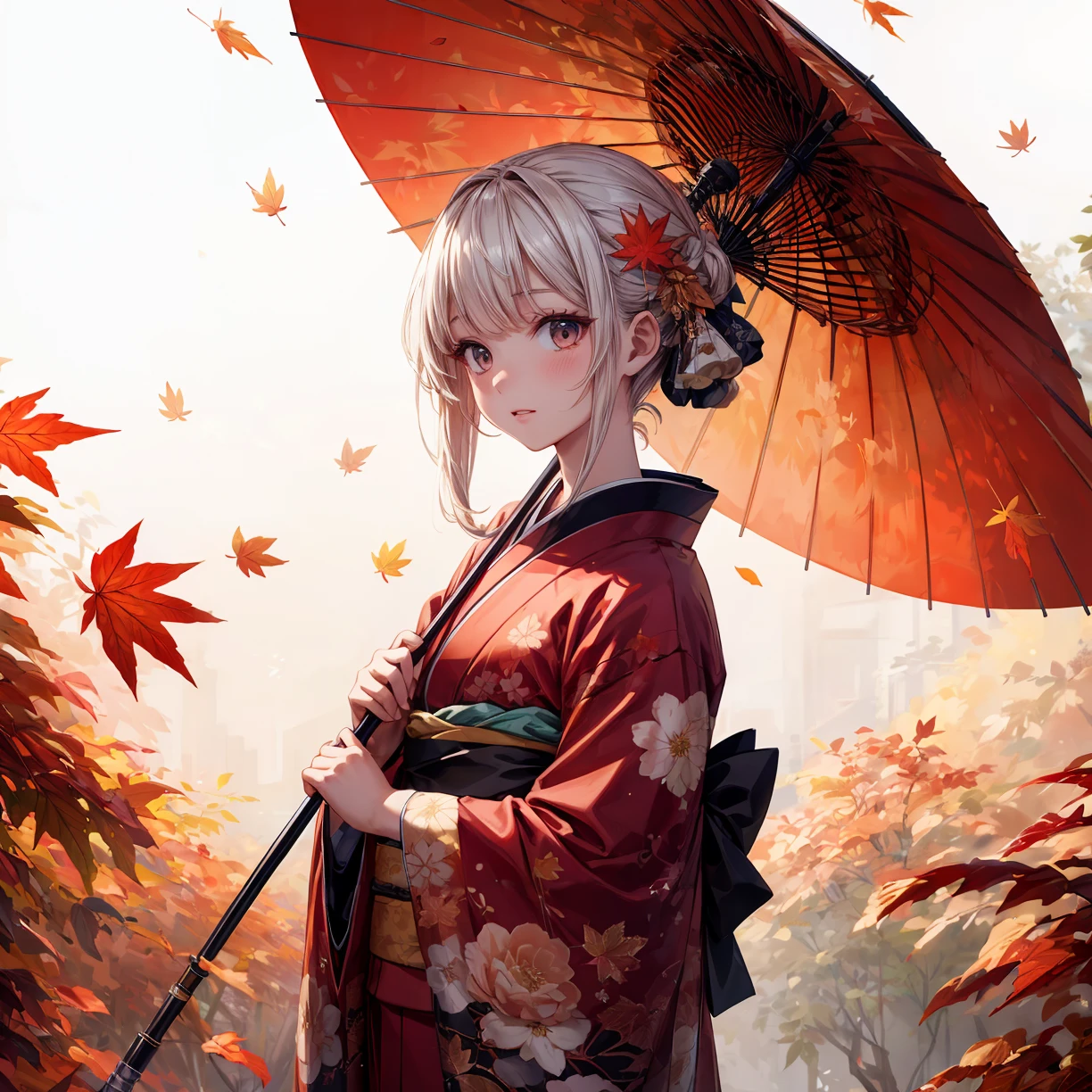 (masterpiece,ultra-detailed,best quality,8K,CG,illustration,shaved:1.0),(girl:1.0) simple background, <lora:flat2:-1> <lora:kouyou_SD_V1.0:0.8> autumn leaves,kimono,red clothes,too many leafs,umbrella