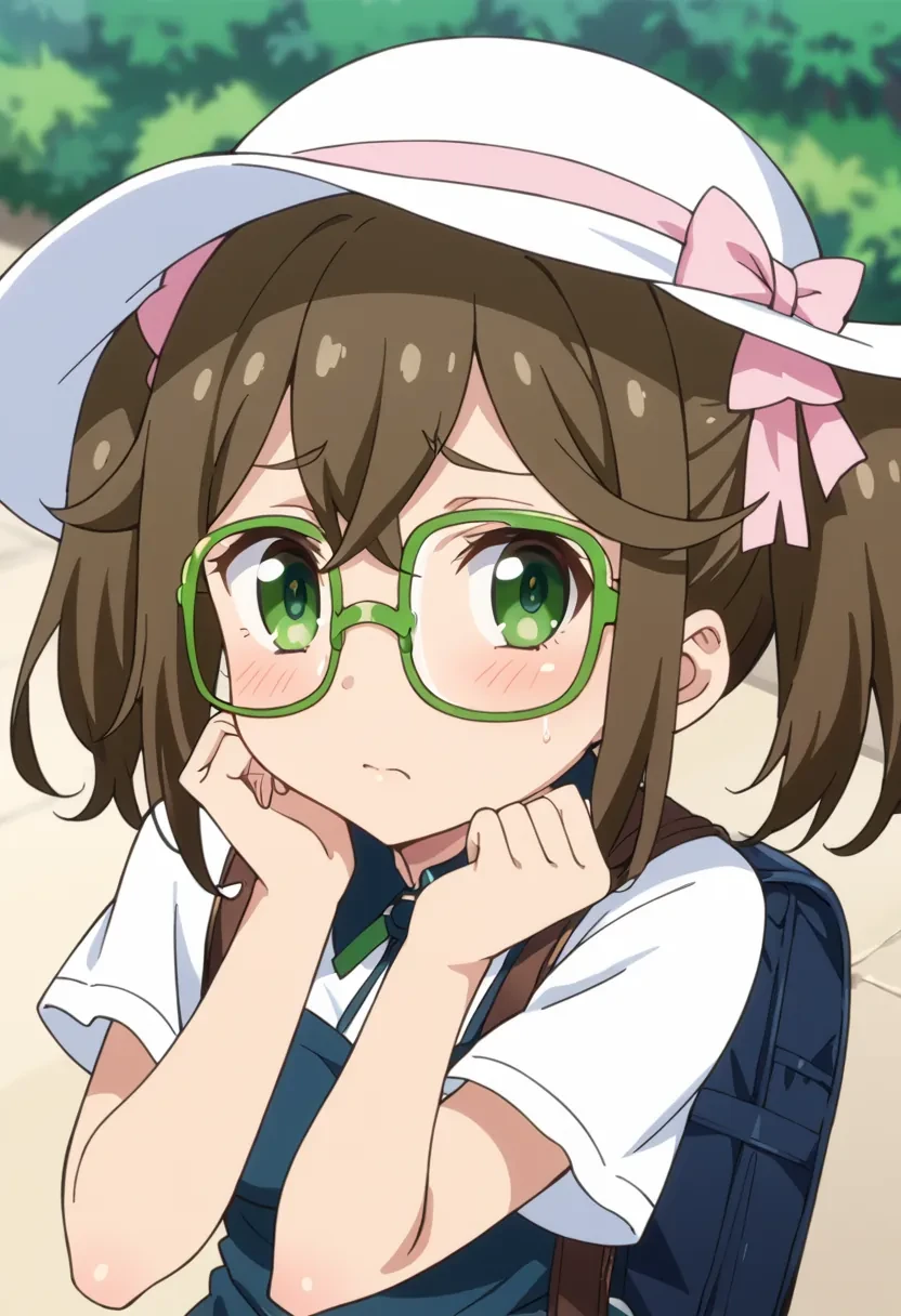 score_9, score_8_up, score_7_up, score_6_up,
source_anime, masterpiece, anime screencap,

1girl, solo,

Sakura Meifon, high twintails, green eyes, brown hair, twintails, green-framed eyewear, glasses,

summer dress, summer hat, shy, blushing, from above, looking at viewer,