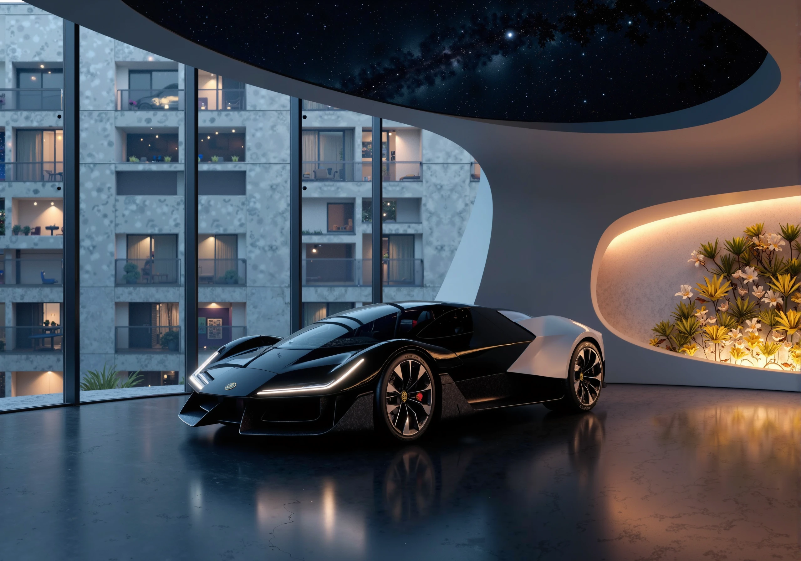 The walls of the room are smooth, curved panels that seem to flow like liquid, each section programmable to change color or opacity with a simple command. In the center of this ultra-modern space, rather than a bed, sits the Lotus Theory—a sleek, futuristic vehicle with a predominantly black and silver color scheme and dramatic body lines. Captured from a low-angle view, the car appears to float just above the ground, as if supported by an invisible magnetic field, its multi-spoke alloy wheels barely touching the surface. The aggressive front fascia and distinctive lighting of the Lotus Theory reflect off the glossy floor, making the car appear like a centerpiece in this high-tech, serene sanctuary. The visible carbon fiber elements and gleaming Lotus emblem on the nose add to the car's commanding, futuristic presence.

Above, a dynamic ceiling display projects a customizable skyscape—tonight, it shows a calm, starry night, mirroring the sleekness of the car below. Along one wall, a vertical garden of bioluminescent plants adds a natural glow to the room, softly illuminating the Lotus Theory’s contours in a serene, otherworldly light. The soft, responsive lighting of the room adapts to the vehicle and environment, subtly shifting hues based on time and mood, perfectly complementing the glossy black and silver tones of the Lotus Theory.

In the background, the massive window wall reveals a distant view of an apartment building facade, its grid-like structure of windows framing individual scenes of urban life. Some rooms are warmly lit, others cast in cool blues or dim light, each offering a glimpse into the everyday activities of the residents, creating a stark contrast between the human elements of the city and the ultra-modern, tech-heavy environment of the room.

This blend of advanced technology and natural elements creates a space that feels like a personalized, futuristic sanctuary where the sleek, aggressive design of the Lotus Theory becomes a focal point within an immersive and serene atmosphere.