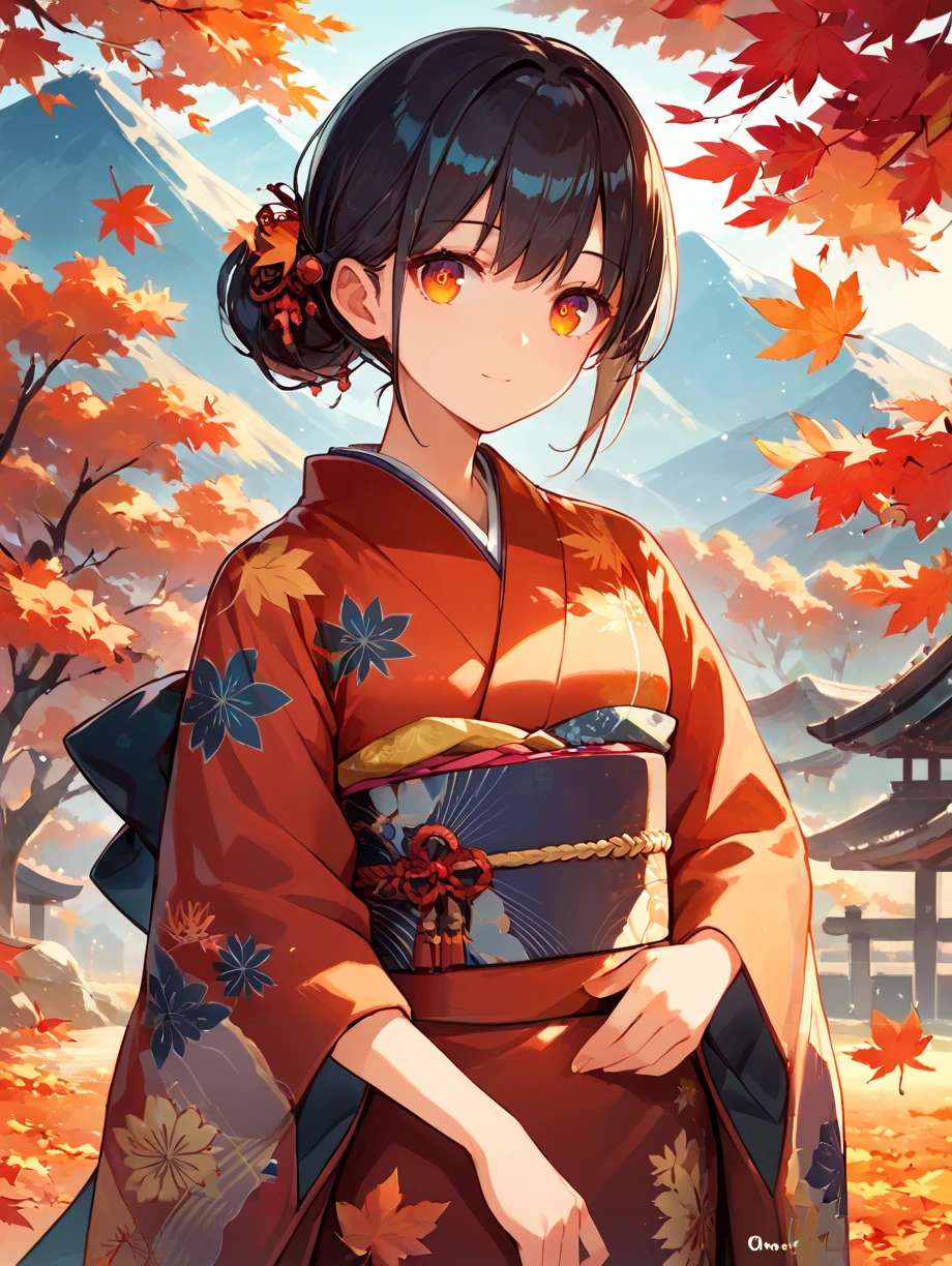 score_9, score_8_up, score_7_up,source_anime, high res image,masterpiece,best quality,(girl:1.0),cute face,clear skin,shiny hair,ultra detailed eyes,simple background, <lora:kouyou_pony_V1.0:1> autumn leaves, tree,kimono,mountain