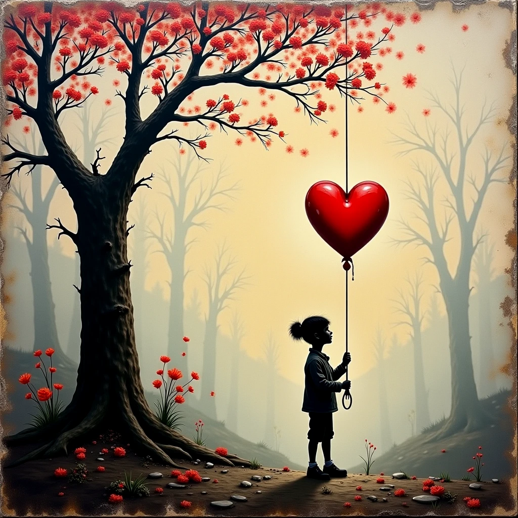 Love is a heart floating at the end of a string held by a lonely soul, fragile and delicate, easily burst. A tree.

rmbrnksyCE style