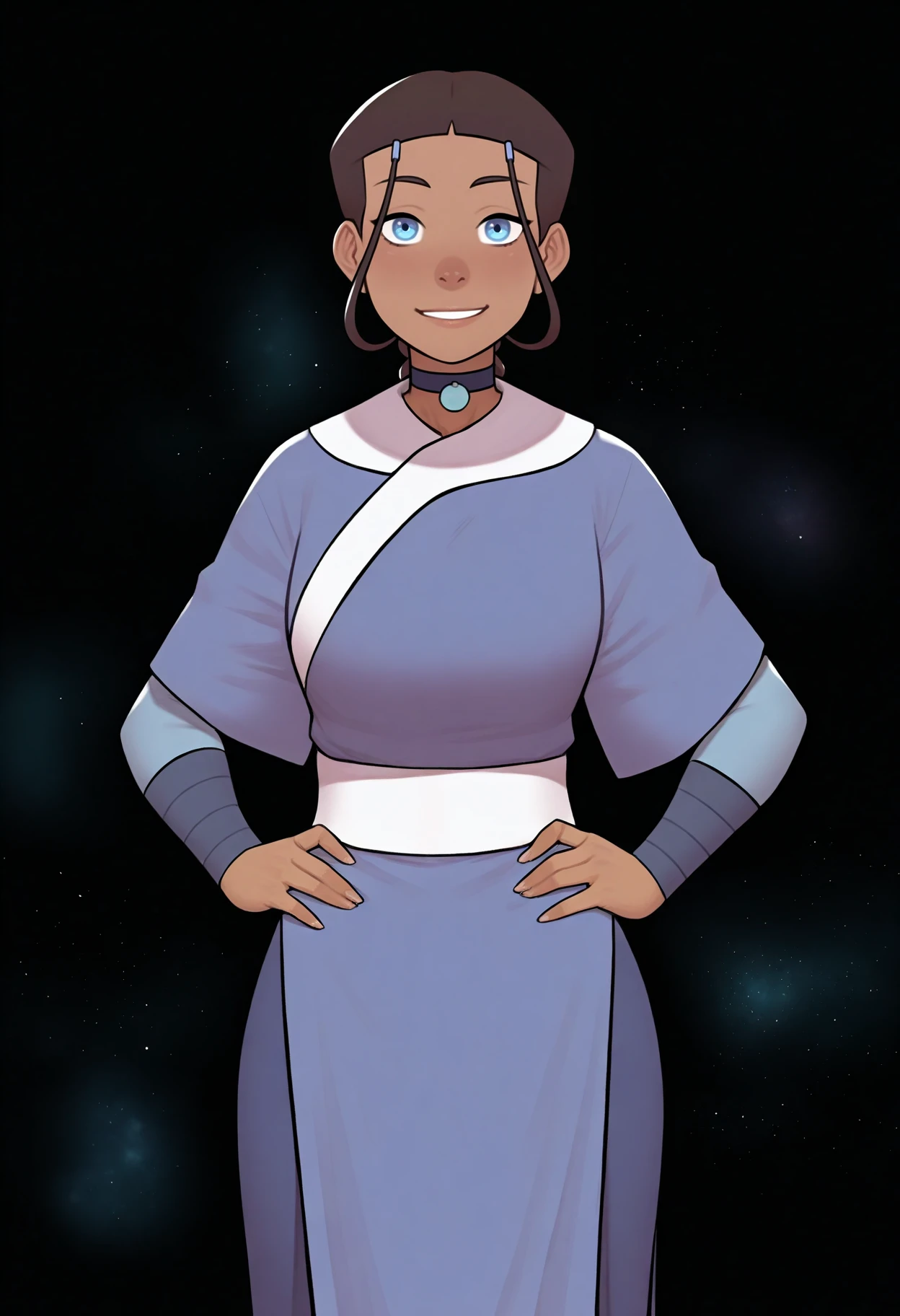 asura (asurauser),
(black background, dark, galaxy background:1.5)
masterpiece, best quality, very aesthetic, absurdres BREAK
1girl, katara, brown hair, braid, blue eyes, dark skin, choker, blue dress,
hands on hips, 
looking at viewer, smile, solo  <lora:KataraIllustriousXL_byKonan:1>