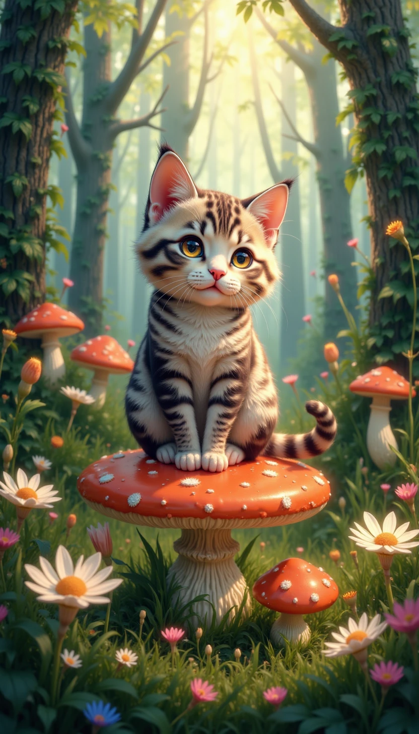 pinketherealmj,A charming, whimsical portrait of a cat sitting on a mushroom in a forest glade, surrounded by delicate fungi and sparkling dewdrops.