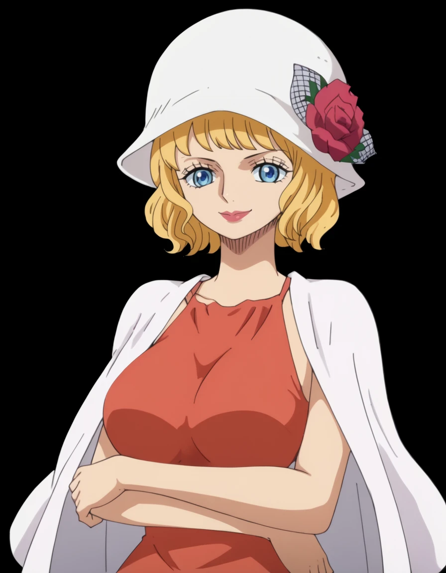 <lora:Stussy:1> 5tu55y, 1girl, solo
wh0le c4ke, red sleeveless dress, white hat, hat flower, arms under breasts, smile
simple black background