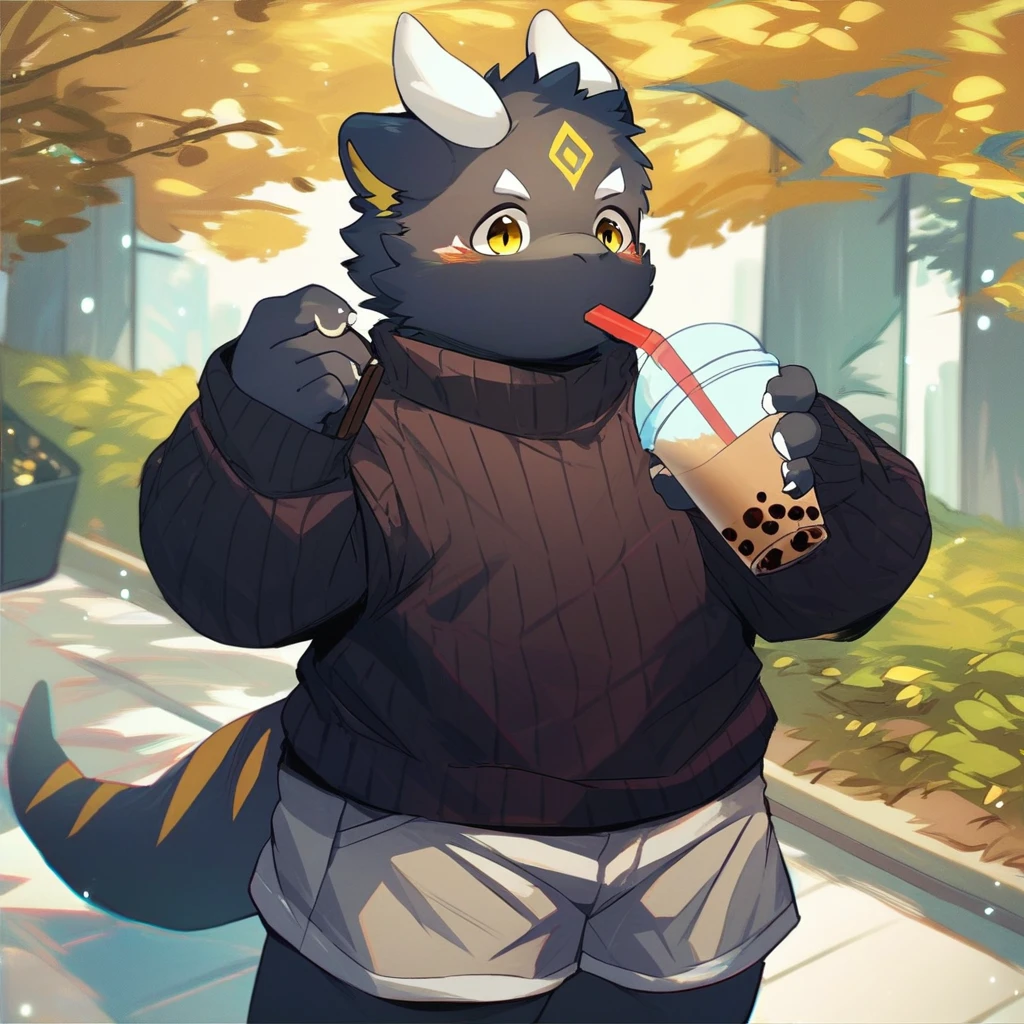 score_9_up, score_8_up, score_7_up, source_furry, mikus-style, black dragon, black body, white horns, yellow eyes, park, holding, bubble tea, black sweater, gray shorts, 1boy, solo