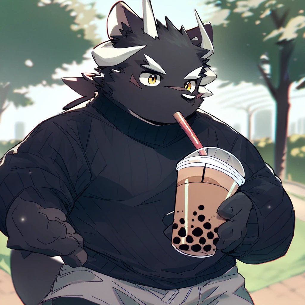 score_9_up, score_8_up, score_7_up, source_furry, mikus-style, black dragon, black body, white horns, yellow eyes, park, holding, bubble tea, black sweater, gray shorts, 1boy, solo