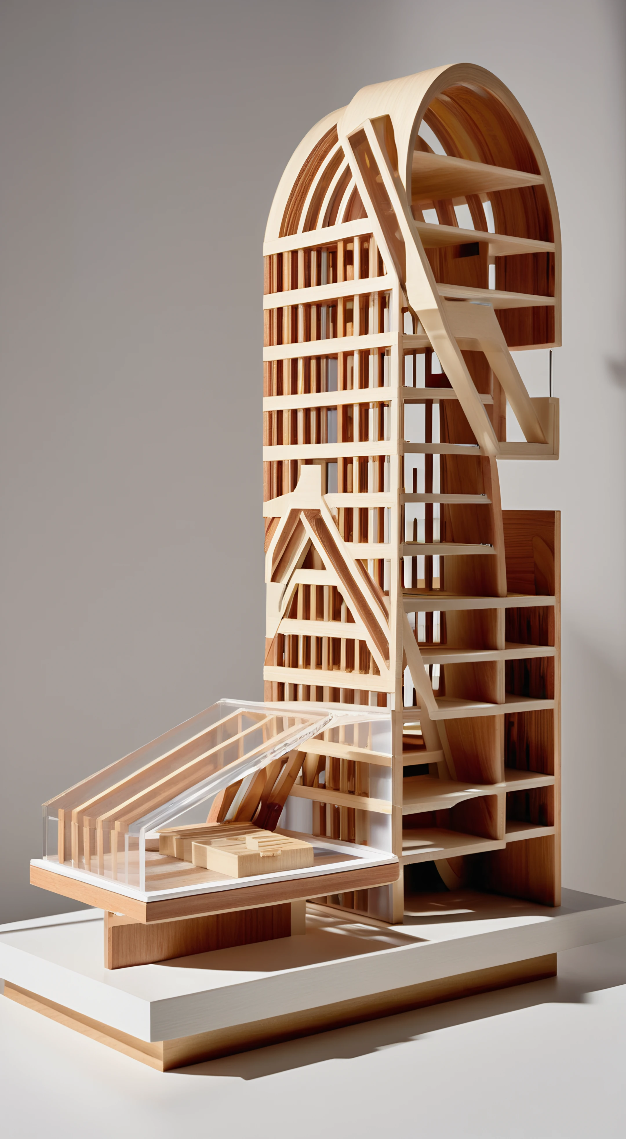 RAW Photo, isometric view, 8k, uhd, abstract, cinematic, ArchiModel, architectural model, futuristic architecture, innovative construction, natural light, high resolution, artistic composition, translucent surfaces, aesthetic, detailed model, detailed interior, section view, cross section, dynamic forms, exposed structural elements, wood framework, curved elements
