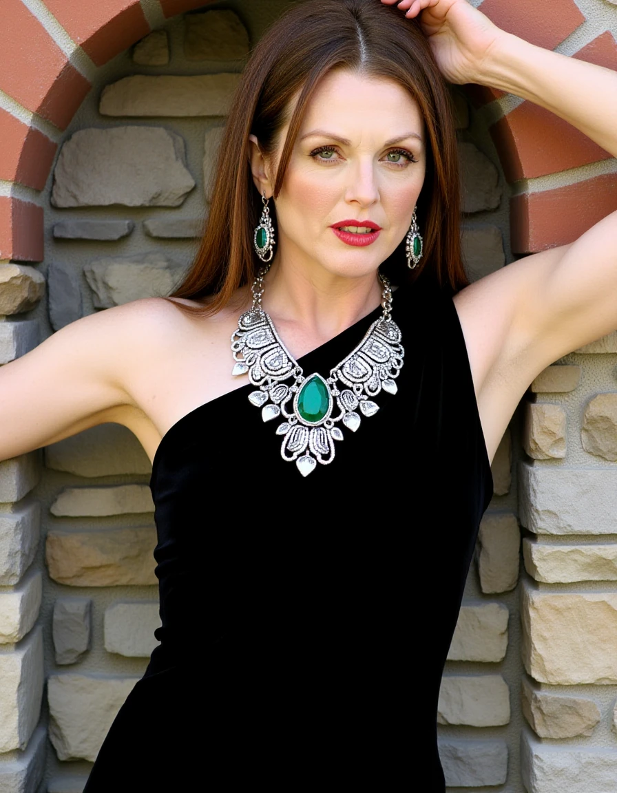 The image is a high-resolution photograph featuring a woman posing against a rustic stone wall. She is positioned in a semi-profile view, with her left arm raised and her right arm bent, resting on the stone wall. The woman has a fair complexion and long, straight brown hair that cascades down her back. She is wearing a black, one-shoulder velvet dress that has a smooth texture, emphasizing the luxurious feel of the fabric. 
Her makeup is striking, with bold red lipstick and well-defined eyebrows. She accessorizes with an elaborate, statement necklace made of silver and featuring intricate designs, including a large, oval-shaped pendant with a green stone at its center. She also wears matching, large, ornate earrings that match the style of the necklace.
The background consists of a stone wall with a mix of grey and beige stones, giving a rough, earthy texture. The archway she is standing in is made of reddish-brown stone, adding a warm contrast to the cool tones of the wall. The lighting is natural, likely from the sun, casting soft shadows and highlighting the textures and details of the subject and background.,Julianne Moore, <lora:Julianne_Moore_Flux_V1:1>