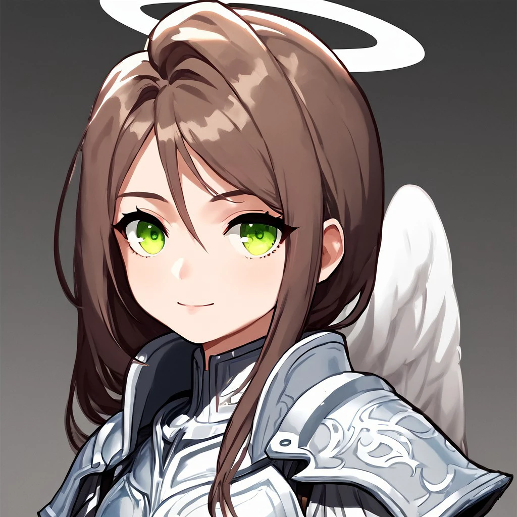 solo, Seren, female, woman, girl, 1girl, brown hair, long hair, long ponytail, ponytail, olive eyes, green eyes, halo, shining circle around the head, angel wings, small angel wings on head, armor, boots, spandex, black spandex, good quality, good definition, perfect anatomy, perfection, beautiful, gorgeous, detailed eyes, detailed face, detailed, masterpiece, beautiful, insanely detailed, well-drawn, BREAK, score_9, score_8_up, score_7_up, score_6_up