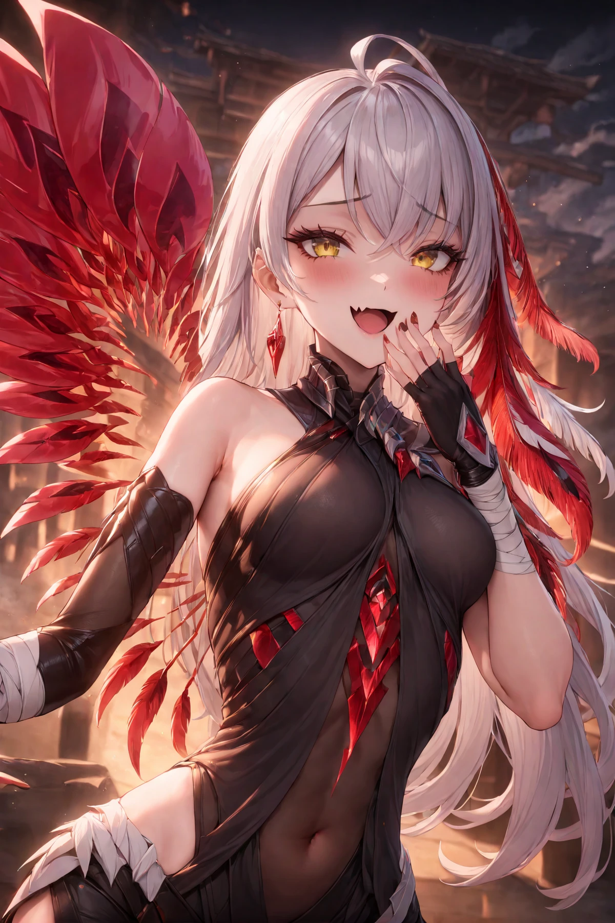 masterpiece, best quality, perfect features, intricate details, 1girl, solo,
upper body,yellow eyes, white hair, ahoge, feathers, fingerless gloves, bandages, bare shoulders, asymmetrical clothes, jewelry, <lora:Ying_xl:0.8>
mesugaki, smile, looking at viewer, art shift, hand over own mouth,skin fang,<lora:mesugaki_XL_v1:0.7>
dutch angle, from below, open mouth,
best quality, very aesthetic, absurdres, masterpiece, best quality,