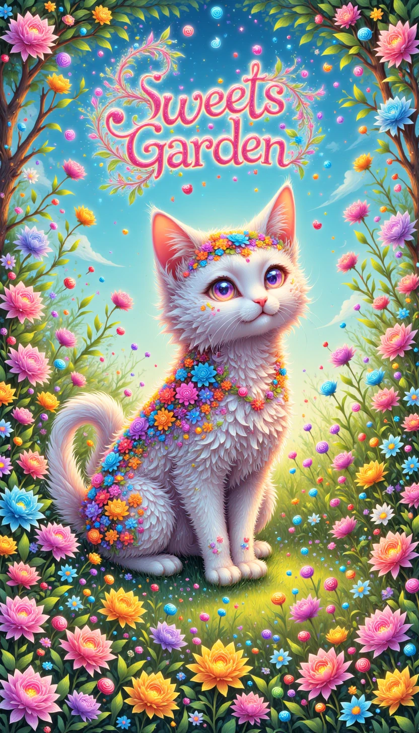 p1nkcut3c4ndy, candies, text: ("Sweets Garden":1.1),  A charming, whimsical portrait of a cat surrounded by delicate flowers and sparkling dewdrops on a sunny meadow, text: "Sweets Garden" made by colorful candies