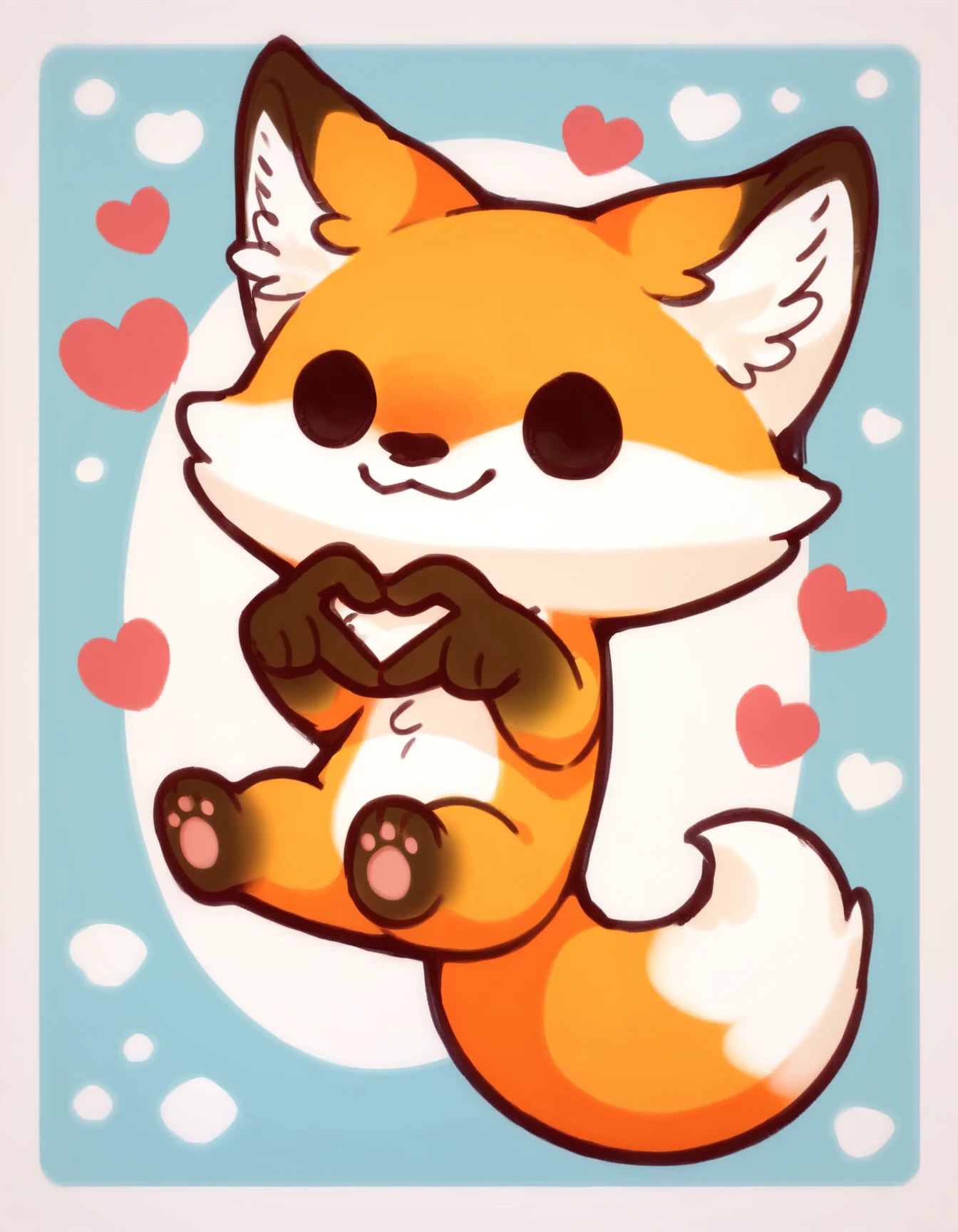 score_9, score_8_up, score_7_up, score_6_up, score_5_up, score_4_up, solo, chibi
red_fox, orange fur, two tone fur, black eyes, fox tail, 4-finger heart hands, heart hands <lora:FourFingerHeartHands_pdxl_Incrs_v1:1>
 <lora:red_fox_XL:0.9>