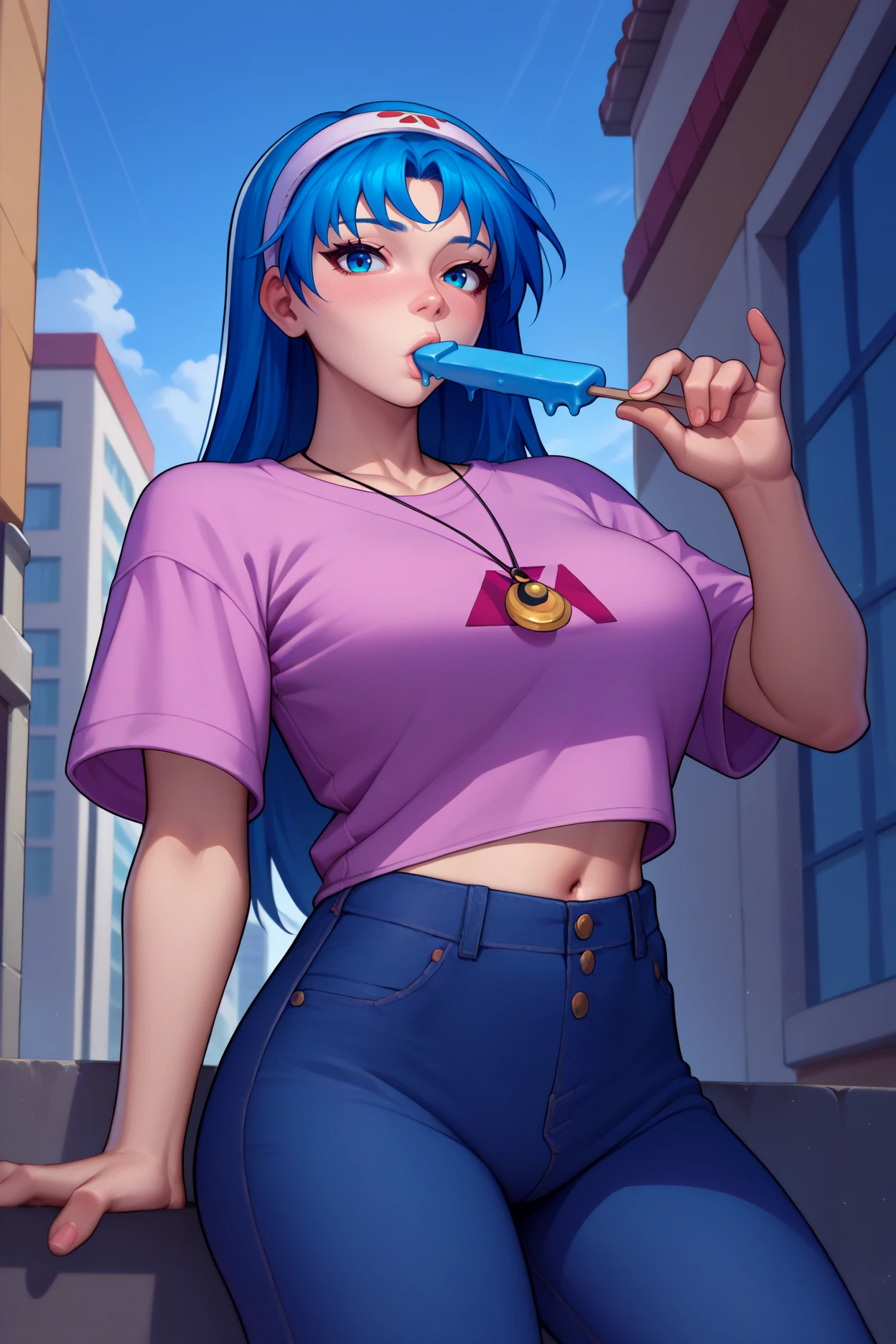 score_9, score_8_up, score_7_up, score_6_up, source_anime, 1girl, solo, <lora:l2lucia-pdxl-nvwls-v1-000005:1> l2luc, blue hair, long hair, blue eyes, hairband, pendant, purple t-shirt, navel, jeans, large breasts, holding popsicle, blush, looking at you, blue sky, city