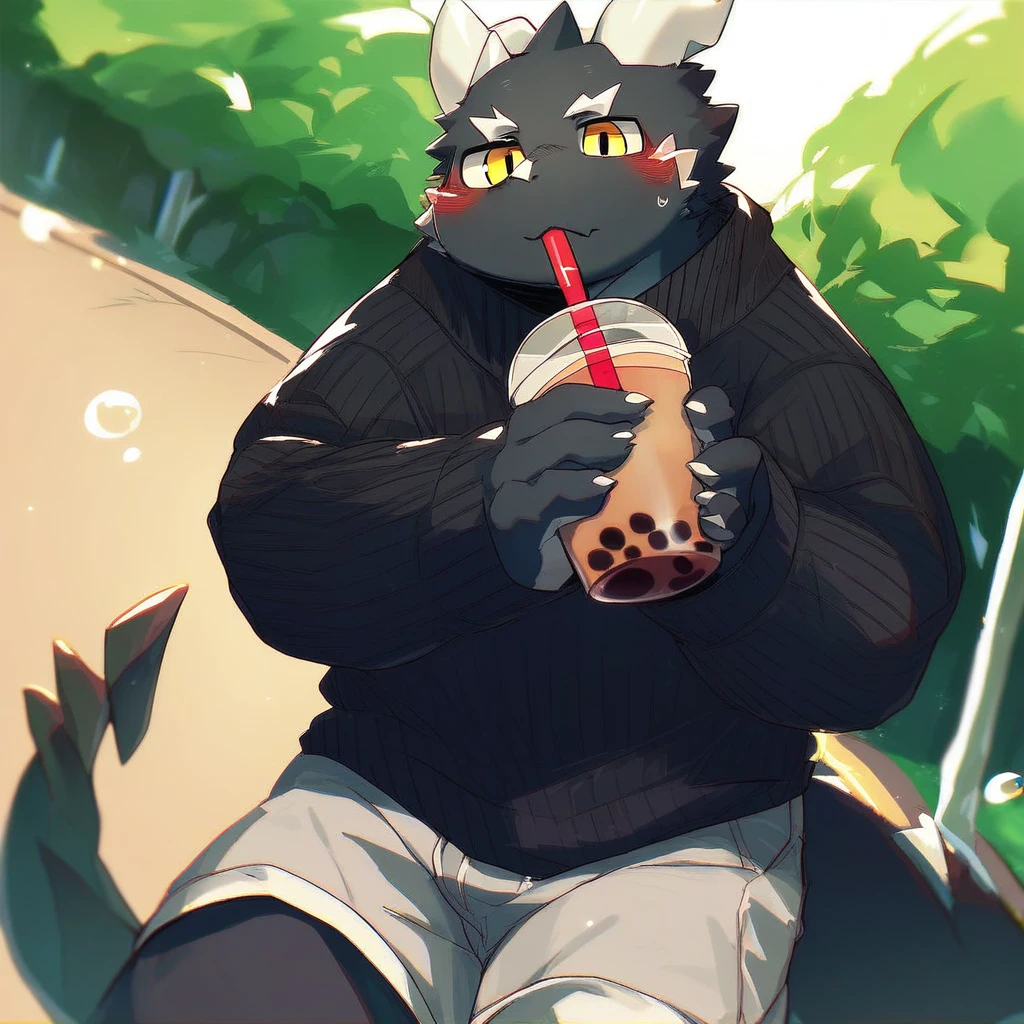 score_9_up, score_8_up, score_7_up, source_furry, mikus-style, black dragon, black body, white horns, yellow eyes, park, holding, bubble tea, black sweater, gray shorts, 1boy, solo