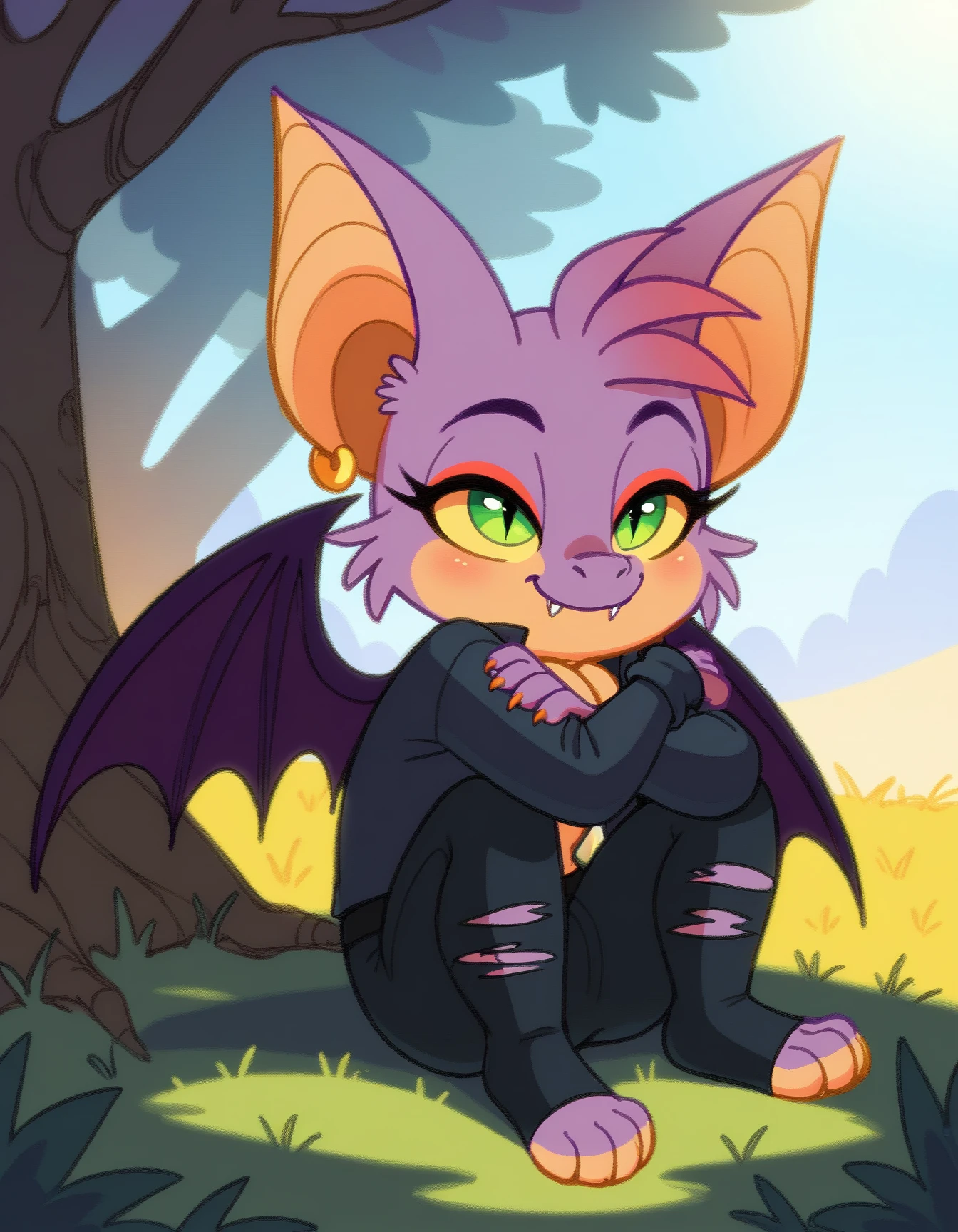 score_9, score_8_up, score_7_up, score_6_up, score_5_up, score_4_up, bat
Mizzi, yellow sclera, green eyes, purple fur, red bangs, eyelasher, purple wings, black leather jacket, black torn pants, gold earring, cute, sitting, grass, trees, natural lighting
 <lora:Mizzi_XL:0.9>