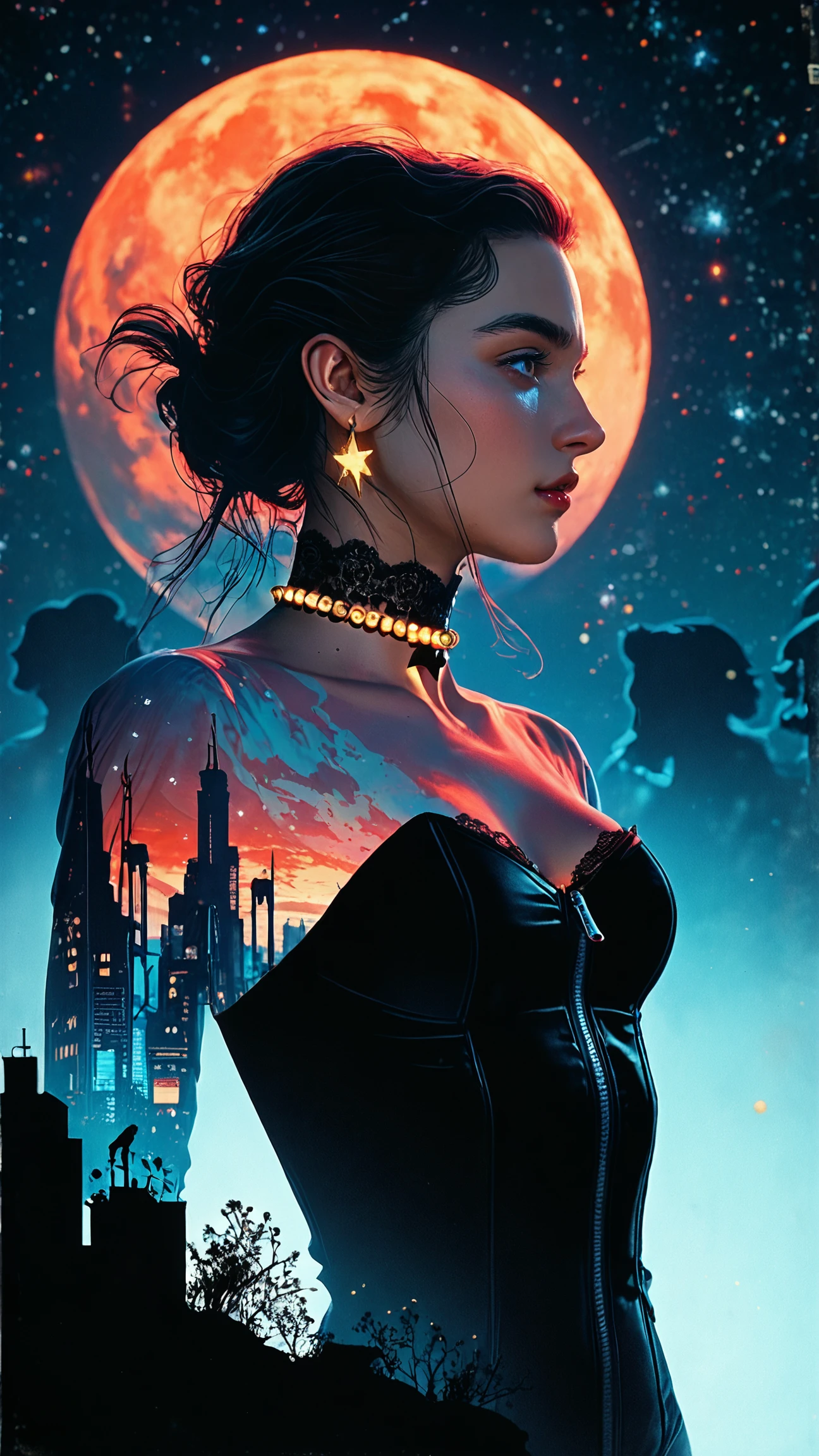 score_9, score_8_up, score_7_up, silhouette colors,cosmic frame,beautiful in a frame,silhouette,backlighting,vibrant,magical night sky,illustration,soft,beautiful,dreamy,realistic,professional,woman, beautiful eyes, freckles, medium breasts, tight body, detailed skin, video game concept art, 2d game art, concept art, landscape of a gorgeous adorable atmosphere, contemporary art, a long-sleeved turtleneck body made of the purest black lace, ribbon choker with a golden pearl in the bow, over the body she wears a skin-tight leather bustier with an open zipper, black stockings, cyberpunk style, cosmic background, stardust. stars, ,(Jed-dblexpsre, Jed-dblexpsre effect, double exposure, merged), <lora:DoubleExposureP-000006:1> , closed mouth, red lips, freckles