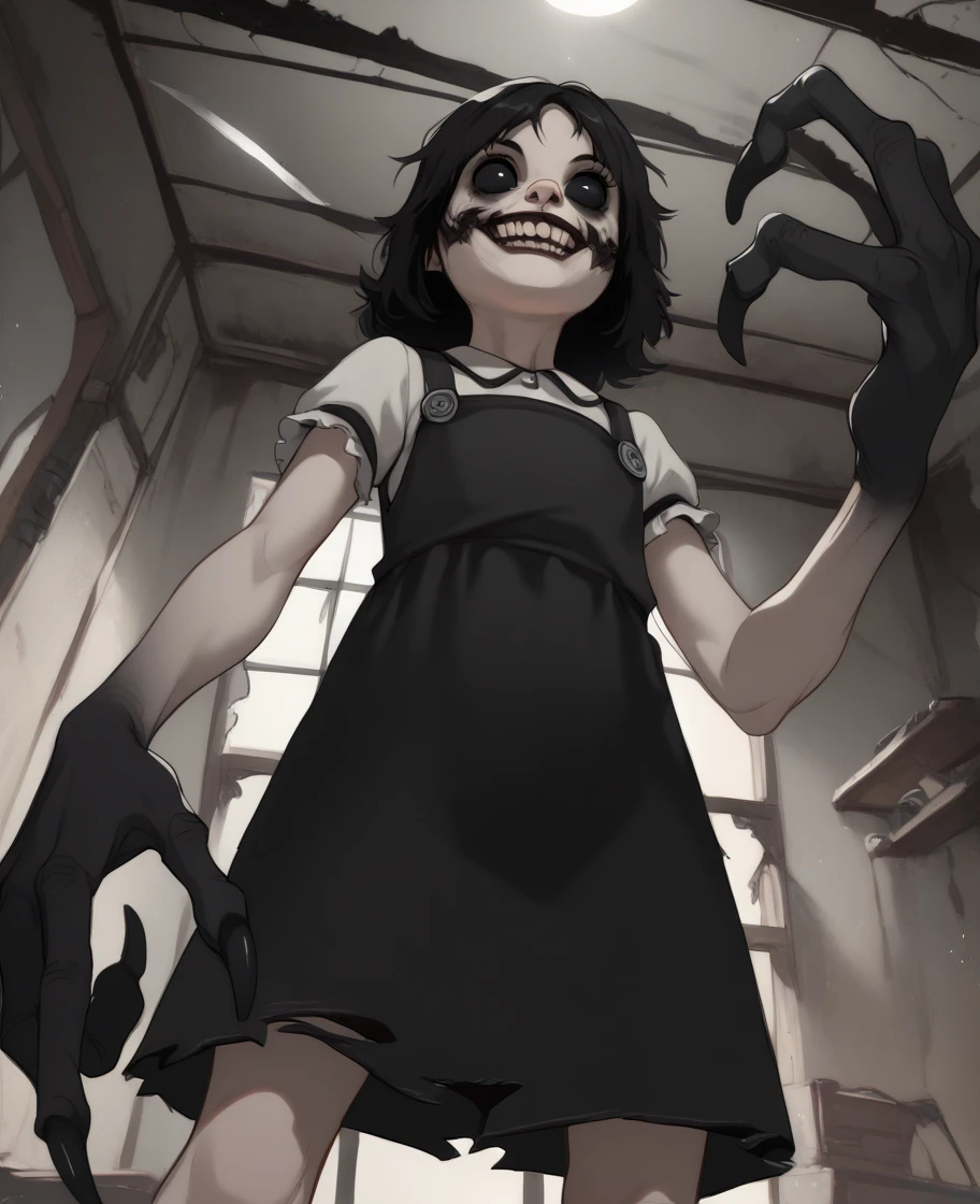 score_9,score_8_up,score_7_up,score_6_up,
agathaxl,black hair,black eyes,smile,
pinafore dress,claws,black hands,
standing,from below,
abandoned school,dark corners,night,indoors,
<lora:agathaxl:0.9>,