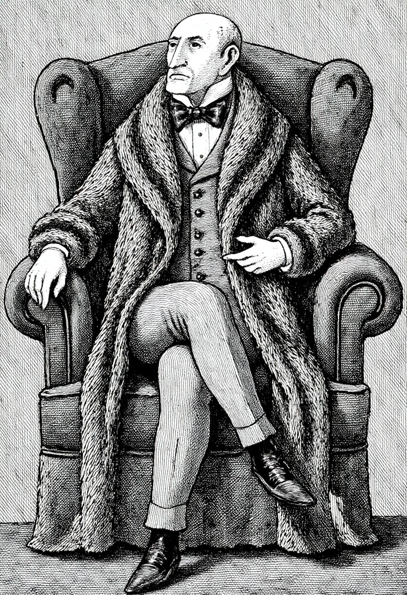 a monochrome portrait illustration by Edward Gorey  of a rich man <lora:edward-gorey:1>