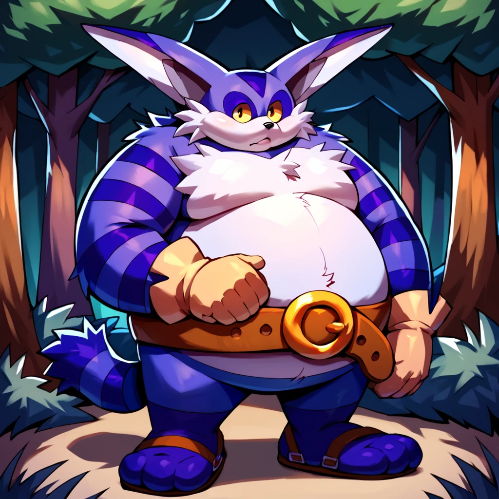 score_9, score_8_up, score_7_up, score_6_up, score_5_up, score_4_up, source_cartoon,  <lora:Big_The_Cat_V2_Sonic_The_Hedgehog_PonyXL:1> big the cat, big, cat, furry, fat, obese, purple skin, white fluffy belly, yellow sclera, long ears, stripey arms, stripey tail, gloves, belt, three toes, purple feet,wandering in the forest, looking at viewer, forest background