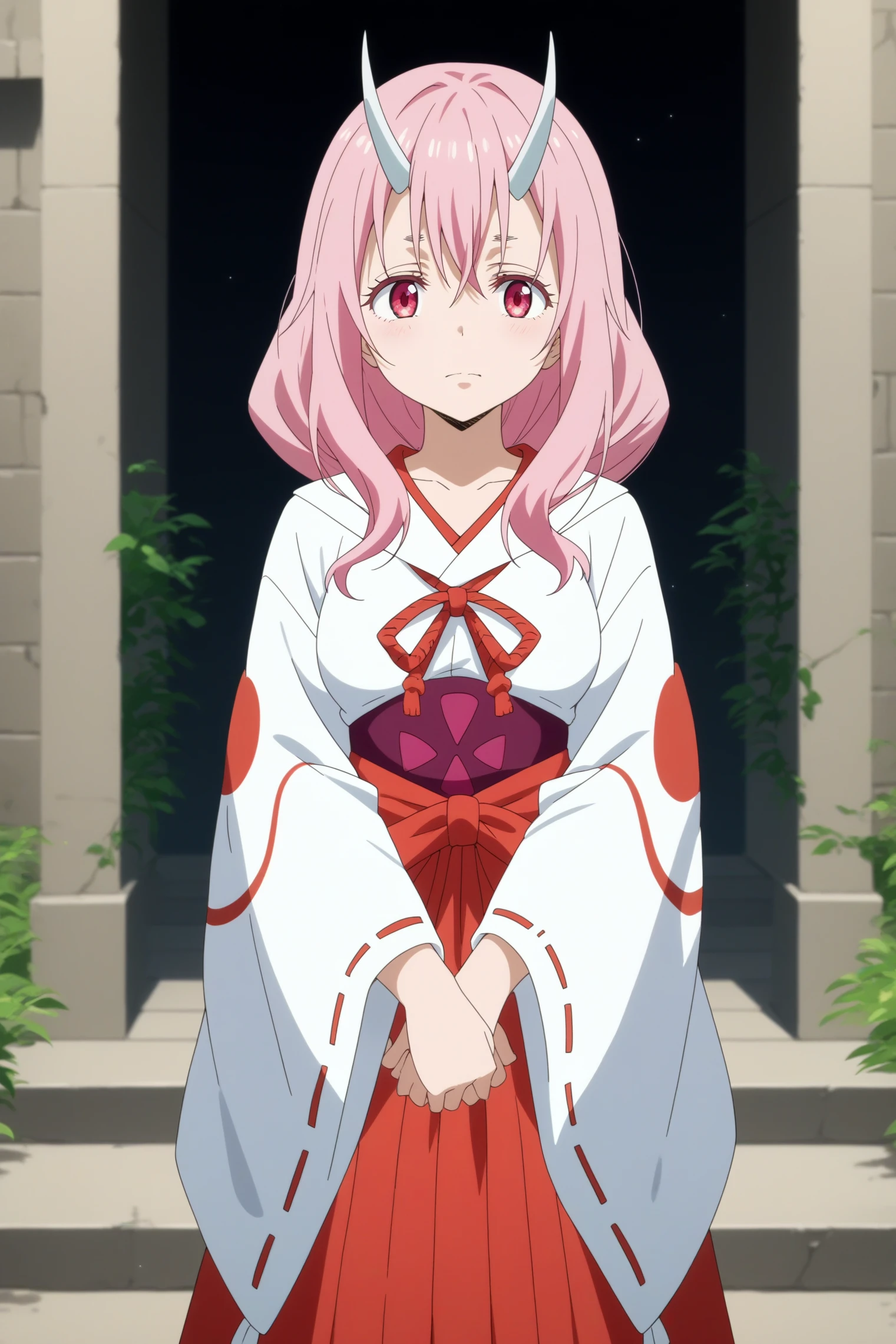 1girl,solo,shuna,long hair,pink hair,oni horns,oni,japanese clothes,hakama,kimono,miko,looking at viewer,hair between eyes,day,old city,ruins <lora:Shuna_-_Tensei_Shitara_Slime_Datta_Ken.safetensors:0.8>