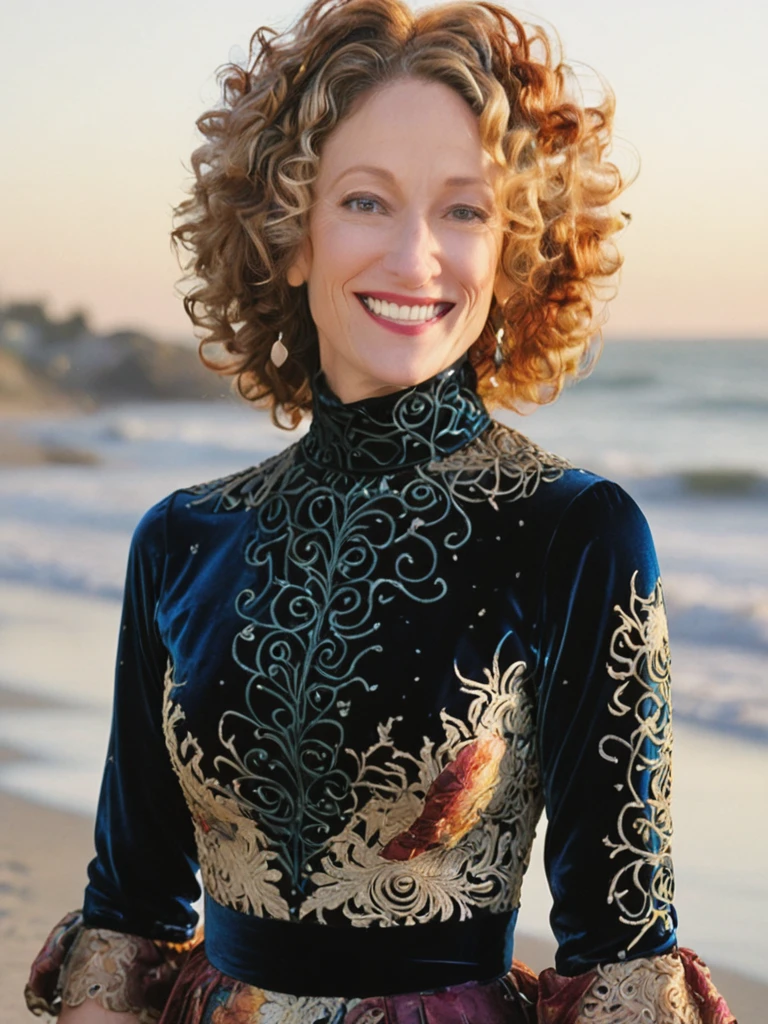 a professional absurdres sharp focus intricately detailed full torso photograph of the beautiful Ellen_Sandweiss,
with a snarky smile and a swirly-colored hairstyle,
dressed in a velvet evening gown with lace sleeves and turtleneck,
standing on a beach watching the sunset with gulls flying about,
 <lora:Ellen_Sandweiss-SDXLe15:1> 
 <lora:FilmVelvia3:1>