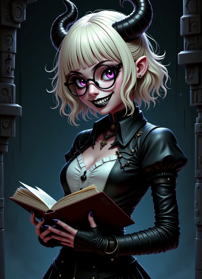 Young woman with short wavy platinum blonde hair and teeth wearing glasses and horns holding a book standing against a dark creepy background with a futuristic android superhero science fiction design featuring synthetic skin and hair and elegant sleek aesthetics enhanced with advanced technology surrounded by warp drive mechanics.