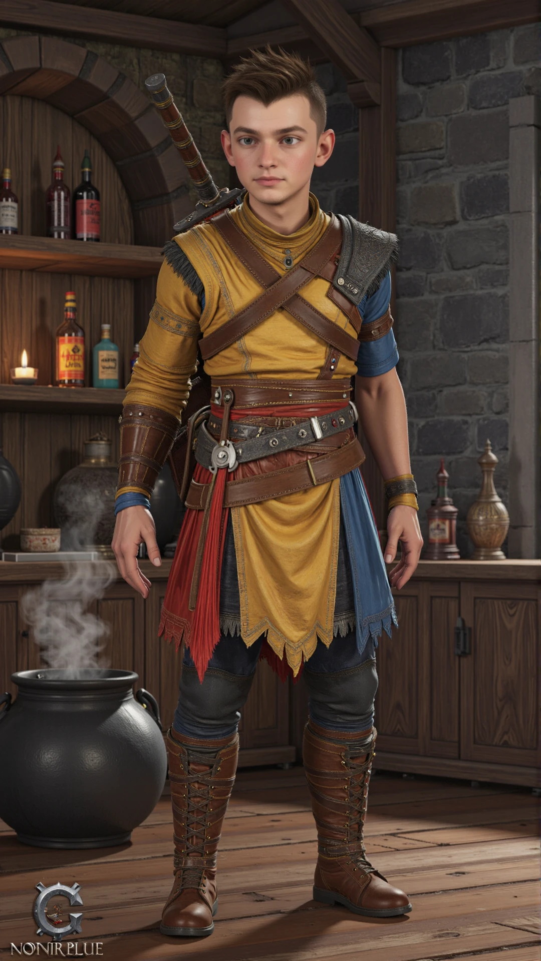 An anime cartoon CG 3D game art GoWRAtreus with blue eyes and short brown buzzcut hair, with a little bit of a (mohawk:0.5) hairstyle. GoWRAtreus is wearing a yellow tunic with leather details. Belts and straps crossing his body. His waistcloth is red and blue. GoWRAtreus is wearing brown leather boots. His right arm is bare and has a tattoo. In a witch's hut, crooked walls, bubbling cauldron, shelves of potions, wisps of smoke location<lora:GoWRAtreusSingle:1>