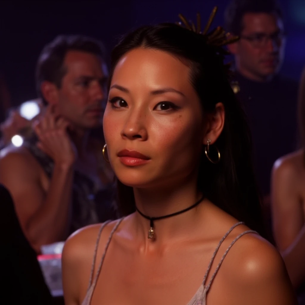 High res waist up portrait photo of a woman with glittery eye-shadow and clear glossy lip-gloss.She is looking at the viewer seductively . She is wearing a thin string-like black choker and hoop earrings. In the background is a nightclub scene out of focus., ,<lora:lucyliu_1990s_local_flux_1_standard-000039:1>