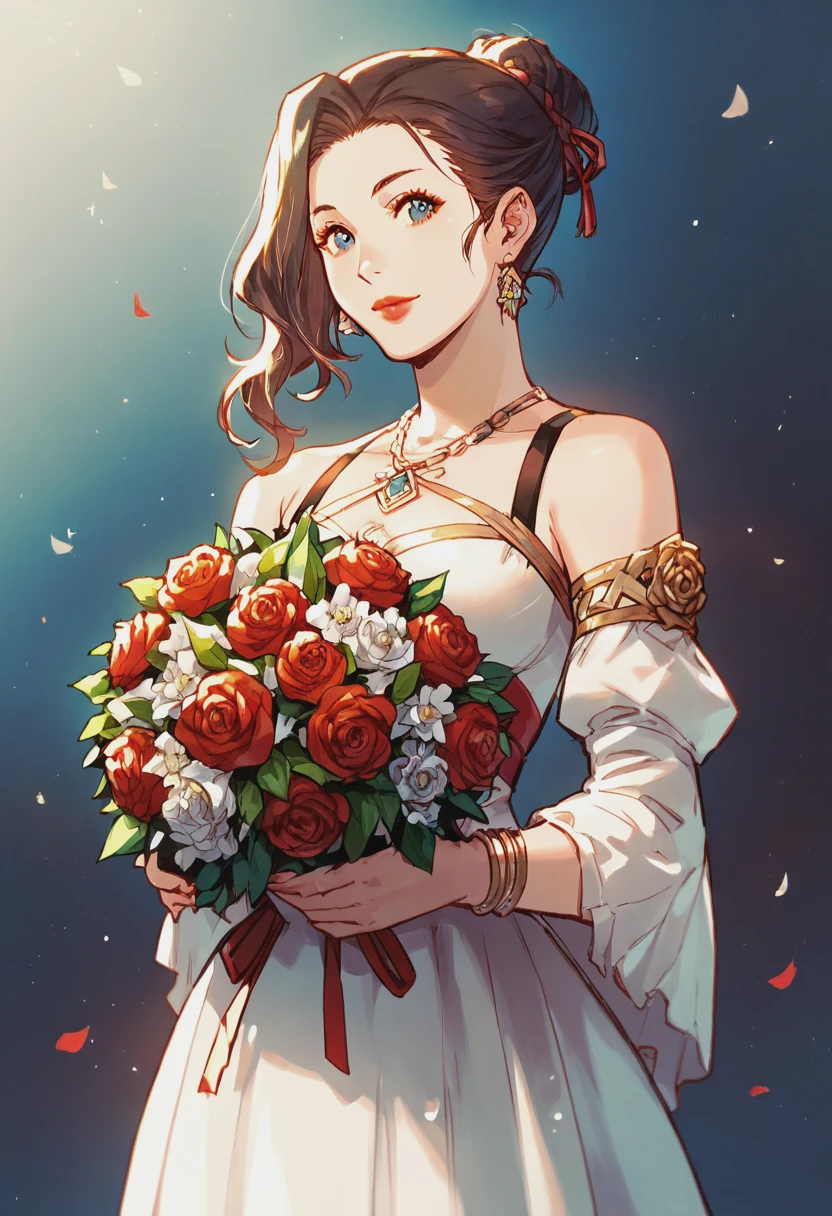 score_9, score_8_up, score_7_up, 1girl, solo, Posing as if holding a large bouquet, perspective, cropped shoulders, rating_safe, <lora:sdxl\pony diffusion\artist_styles\azasuke_pony:0.8>