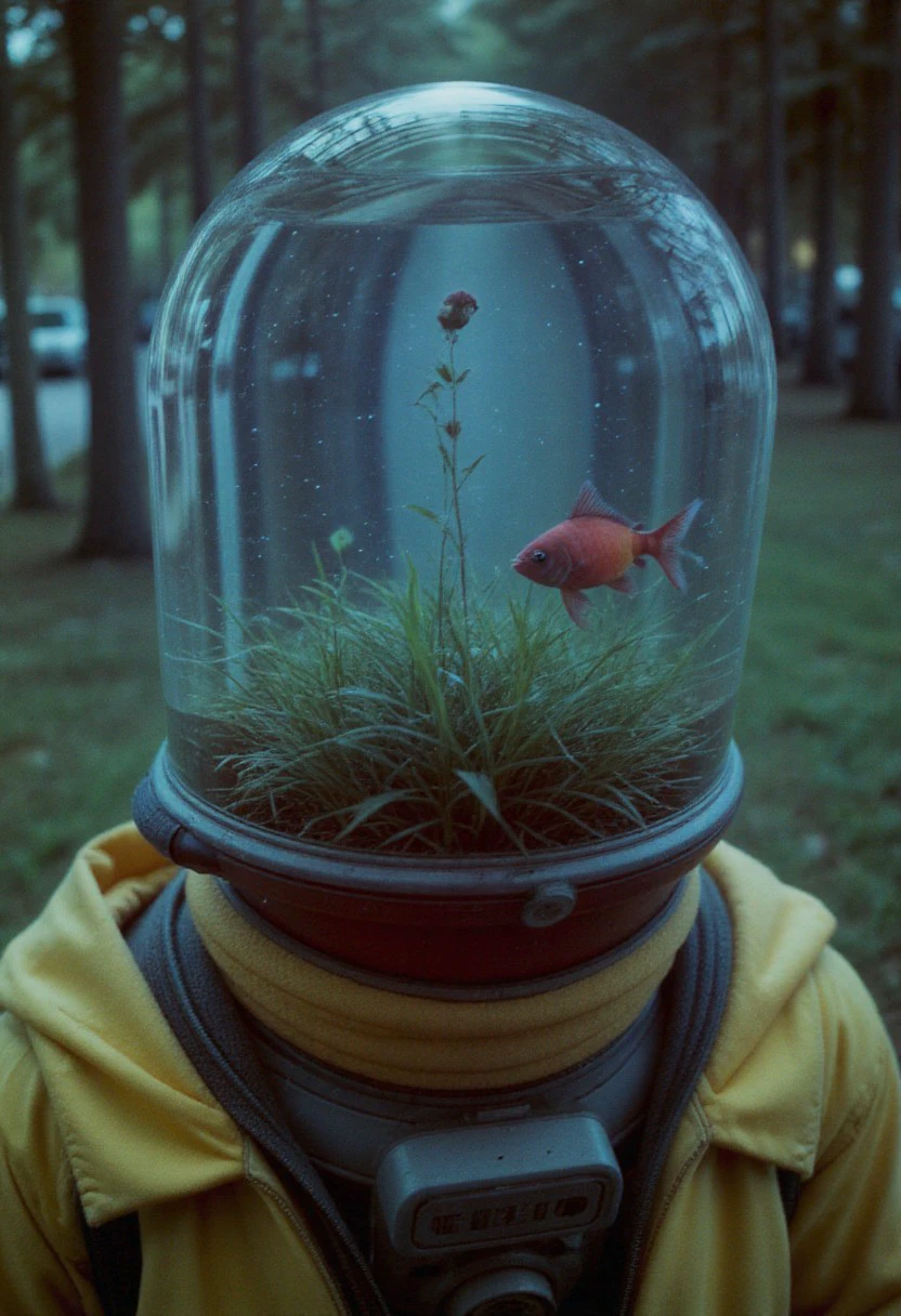 Upper Body Shot of a busty fishtank-head By night, high collar yellow accented outworn space suit, with a fishtank as head with a mossy Forest ground growing growing with many different small plants in a miniature universe in it throwing a beautiful volumetric light, closeup, nebula, 
atmospheric haze, Film grain, cinematic film still, shallow depth of field, highly detailed, moody, epic, atmospheric lighting, billowing cloud backdrop with volumetric lighting from within ,