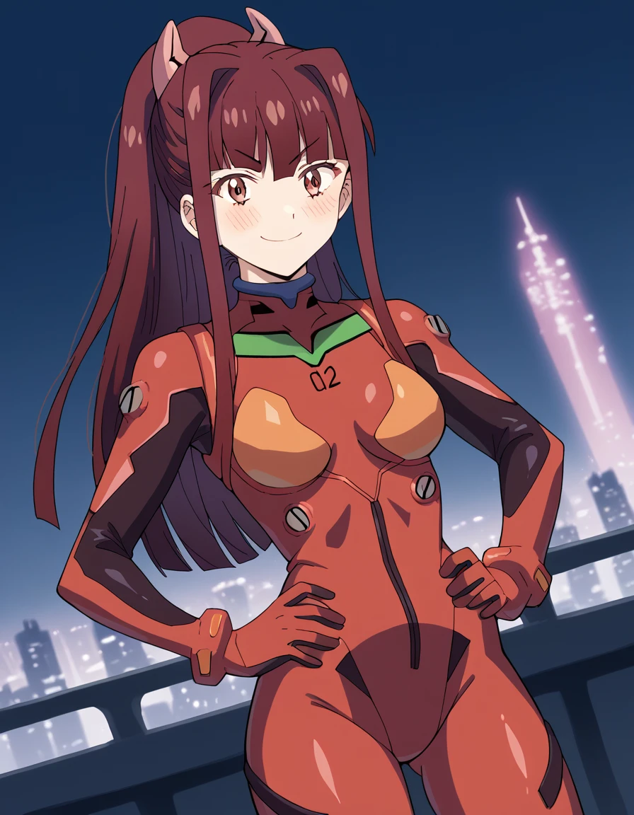 score_9, score_8_up, score_7_up, source_anime, <lora:mayonakapunch-yuki-s1-ponyxl-lora-nochekaiser:1>, yuki, long hair, bangs, brown hair, brown eyes, horns, ponytail, blunt bangs, medium breasts,, <lora:souryuu-asuka-langley-cosplay-ponyxl-lora-nochekaiser:1>, souryuuasukalangleycosplay, souryuu asuka langley (cosplay), bodysuit, pilot suit, plugsuit, red bodysuit, interface headset,, cityscape, smile, blush, hands on hips,, , cowboy shot, dutch angle