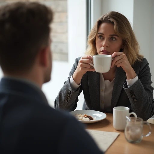 Over the shoulder shot, a woman sitting at the breakfast table talking to a man. The man is framed from behind, the woman is drinking coffee.