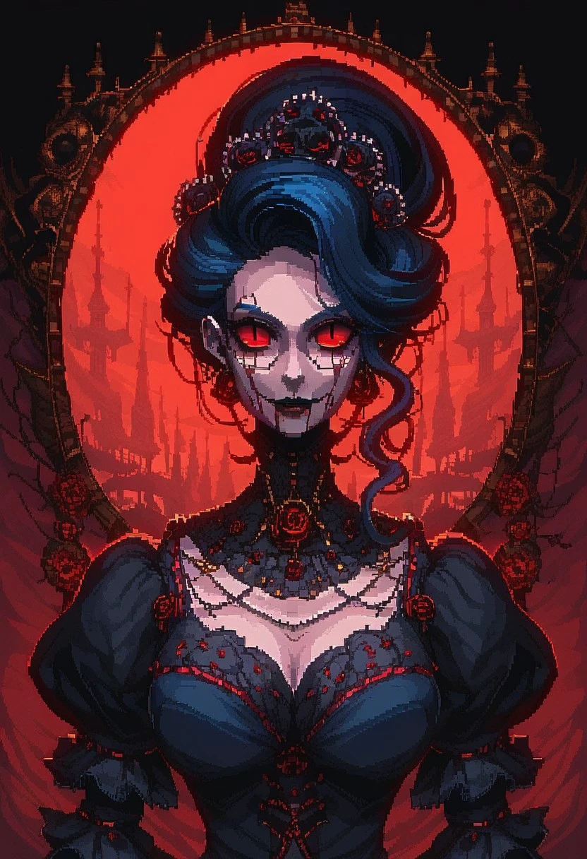 score_9, score_8_up, score_7_up, pixel art, H3style classic art, hyper-detailed, pixel art, 1girl, female vampire, cyberware, bloody victorian dress, royal, cyberpunk, elegant unique character, portrait shot, upper body, dark smokey background, red lighting, hyper-detailed, dark colors, gothic horror, hds style, cel shading, linear hatching