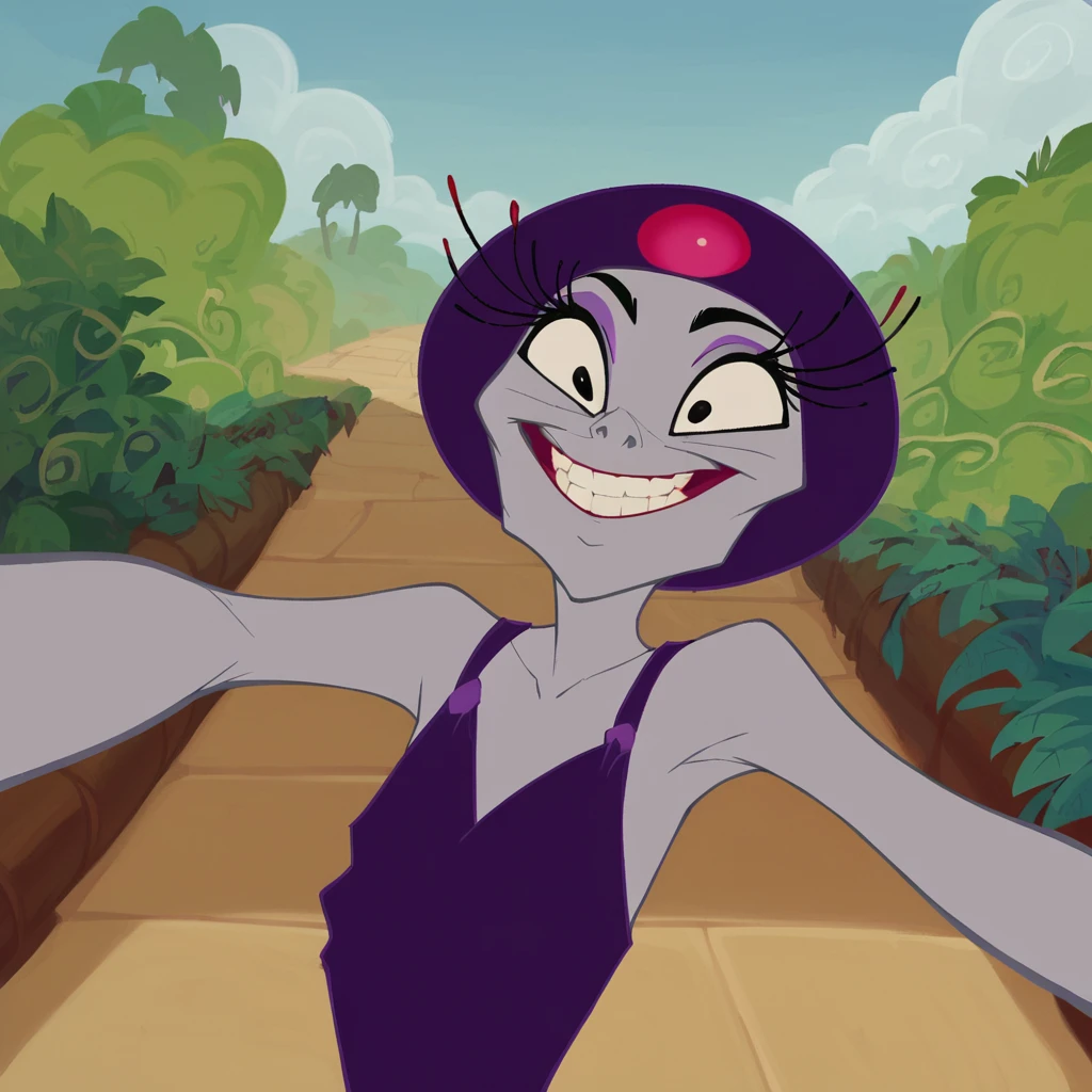 score_9, score_8_up, score_7_up, score_6_up, score_5_up, score_4_up, 
BREAK
 <lora:Yzma_Emperors_new_groove:1>, Yzma, solo, 1girl, grey skin, black eyes, purple dress, smile teeth, lipstick, eyelashes, purple headdress, narrow waist, (sky, clouds), plant, tree, outdoors, (small pupils), red fingernails, high heels, selfie