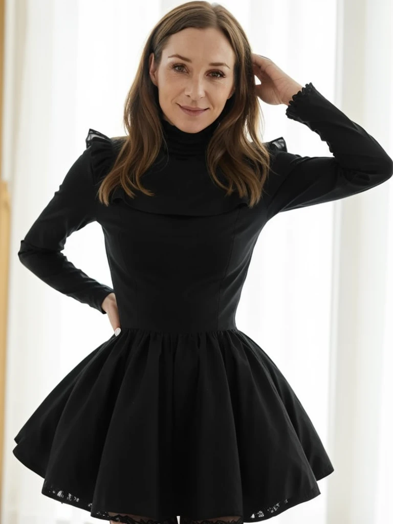 a professional absurdres sharp focus intricately detailed full torso photograph of the beautiful young woman (Sonja_Richter:1.1), 
with an impish smile,
detached thin cotton sleeves, full body turtleneck stocking, (black long ruffle dress),
 <lora:Sonja_Richter-SDe15:0.8>