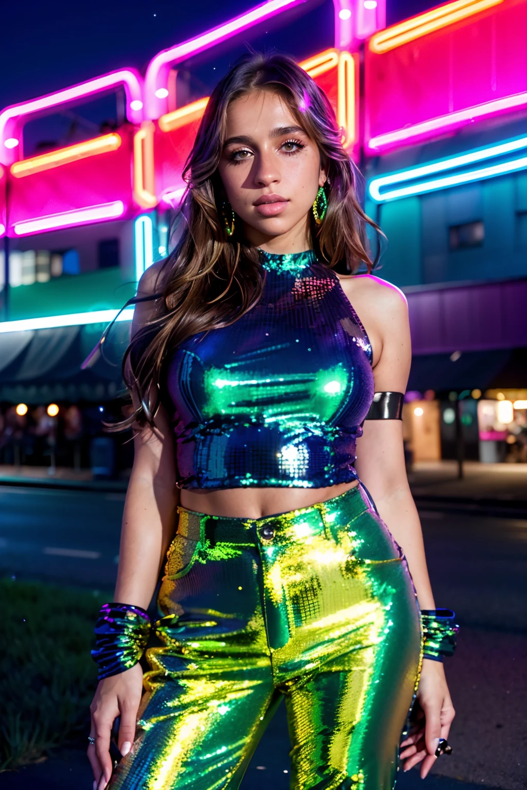 a (portrait, upper body focus) photograph of (1girl, 21 years old, slight smile, <lora:ZH_TateMcRae_v1SD15:0.9>, zh_tmcrae, solo, long hair, realistic, brown hair, looking at viewer, brown eyes, make up) wearing (sequin top and designer pants)