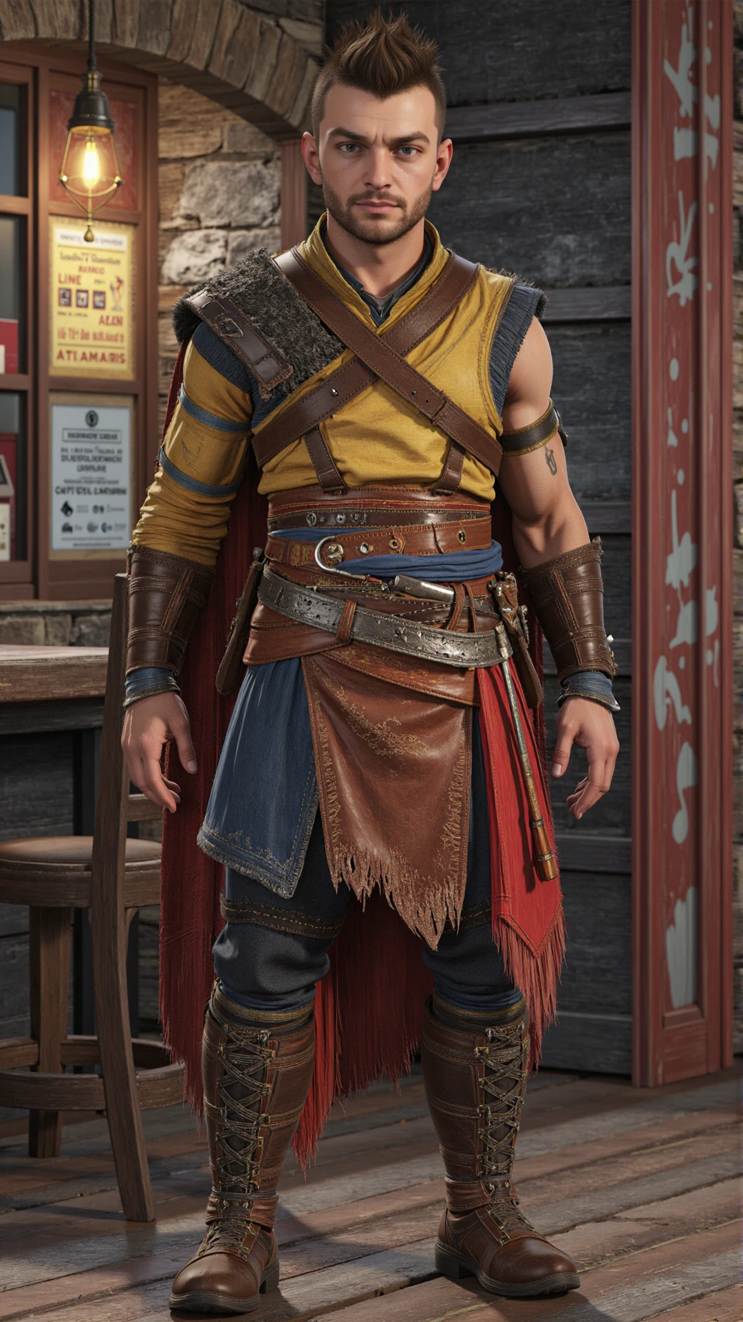 An anime cartoon CG 3D game art GoWRAtreus with blue eyes and short brown buzzcut hair, with a little bit of a (mohawk:0.5) hairstyle. GoWRAtreus is wearing a yellow tunic with leather details. Belts and straps crossing his body. His waistcloth is red and blue. GoWRAtreus is wearing brown leather boots. His right arm is bare and has a tattoo. In a 70s style punk rock dive bar: a gritty punk rock bar with graffiti-covered walls, a mosh pit, and patrons sporting punk fashion and spiked hair location<lora:GoWRAtreusSingle:1>